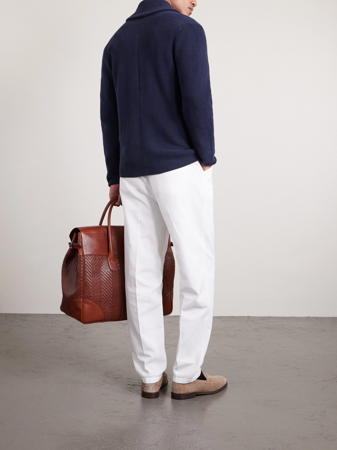 Shawl-Collar Double-Breasted Ribbed Cotton Cardigan