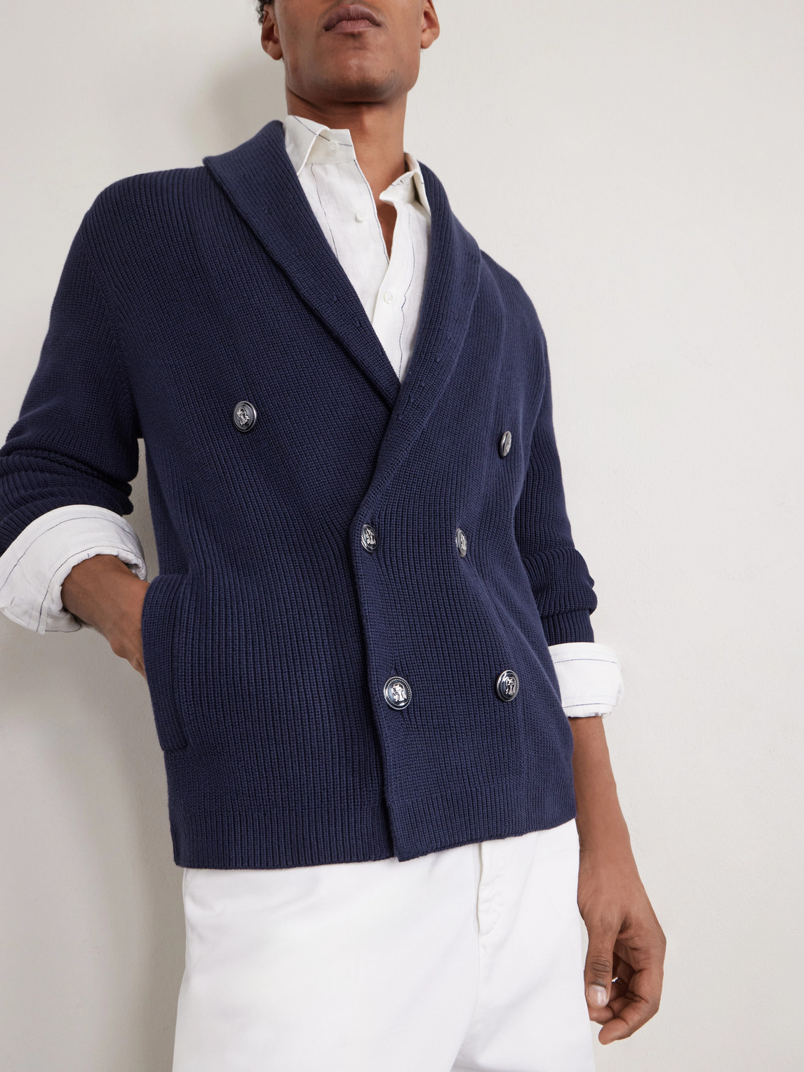 Shawl-Collar Double-Breasted Ribbed Cotton Cardigan