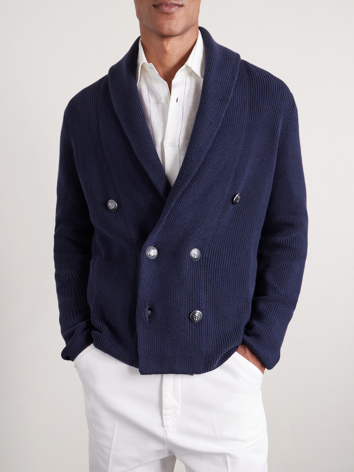 Shawl-Collar Double-Breasted Ribbed Cotton Cardigan