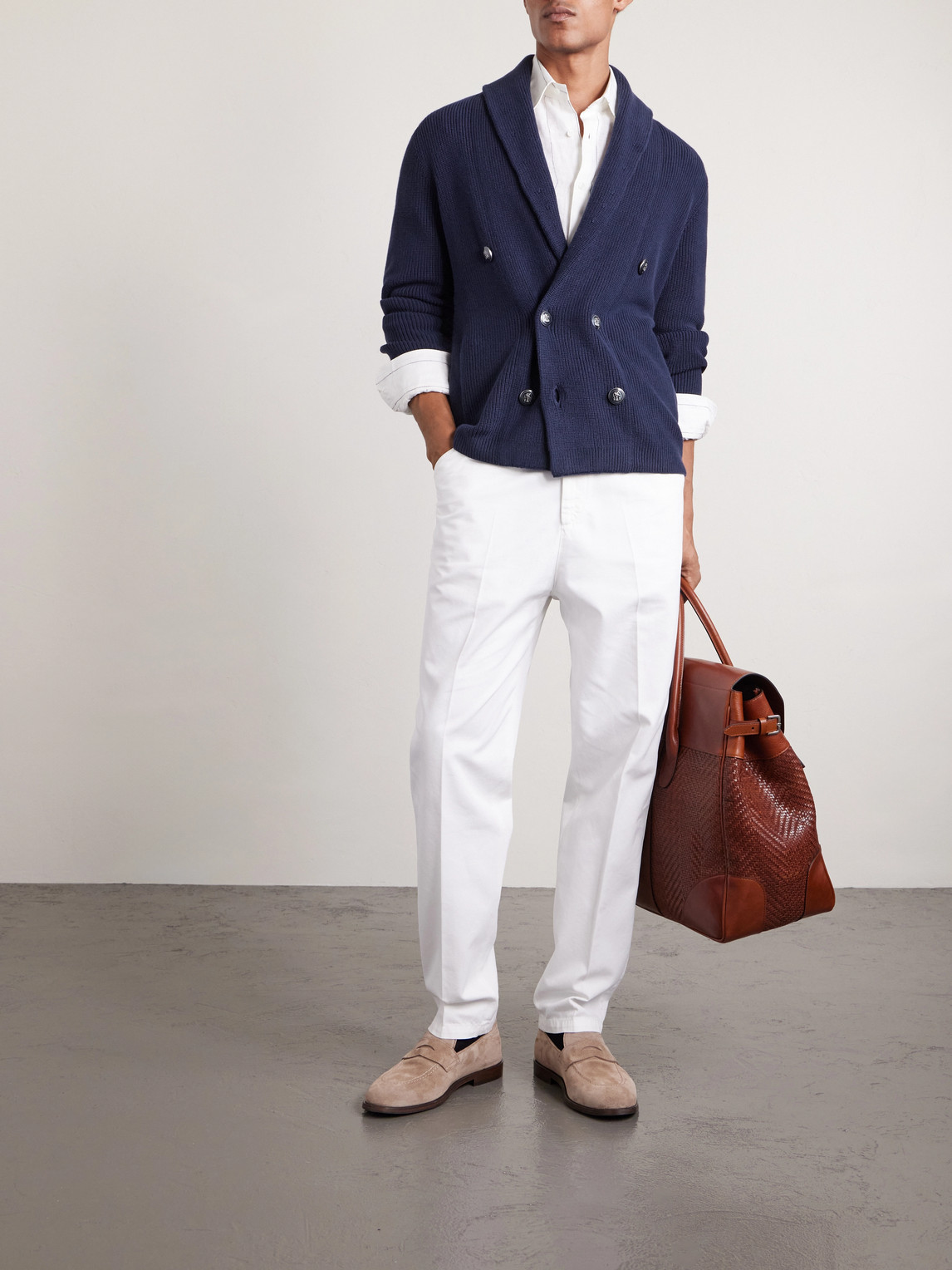 Shawl-Collar Double-Breasted Ribbed Cotton Cardigan