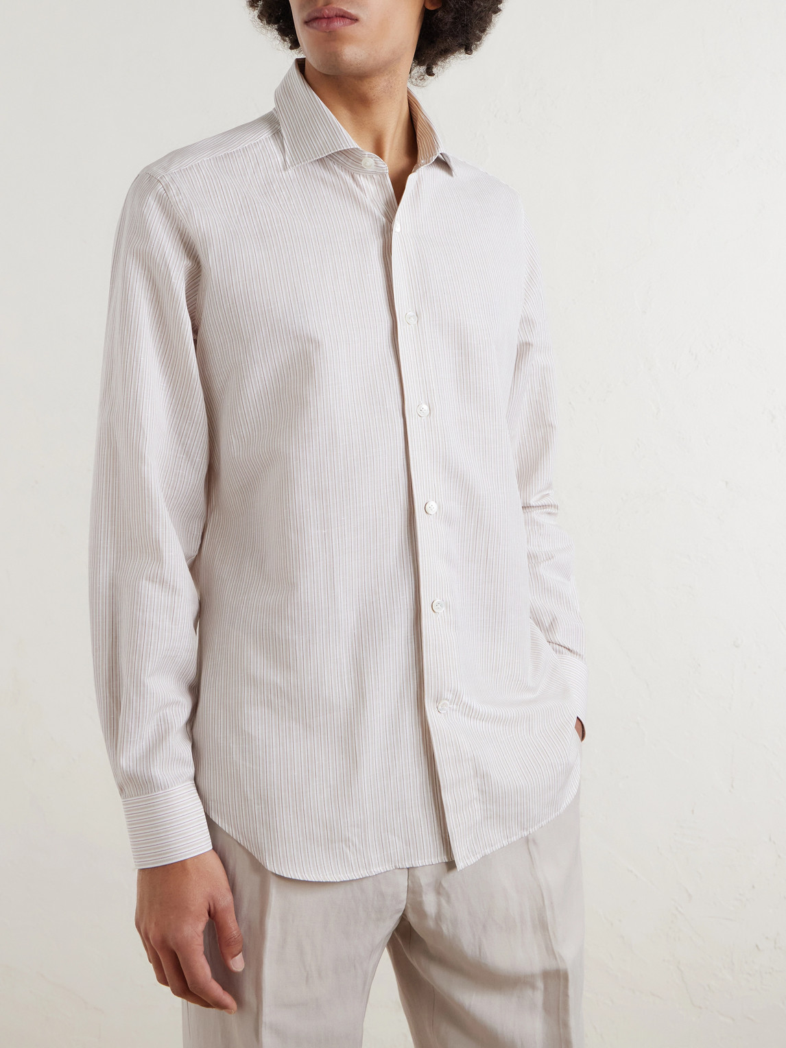  Eleventy - Striped Cotton And Linen-blend Shirt - Men - Neutrals - Xs 