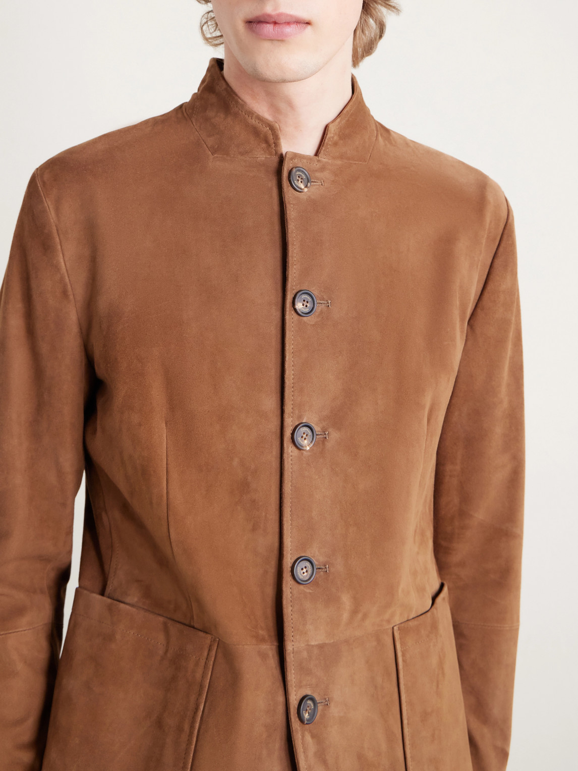 Slim-Fit Mandarin Collar Suede Jacket