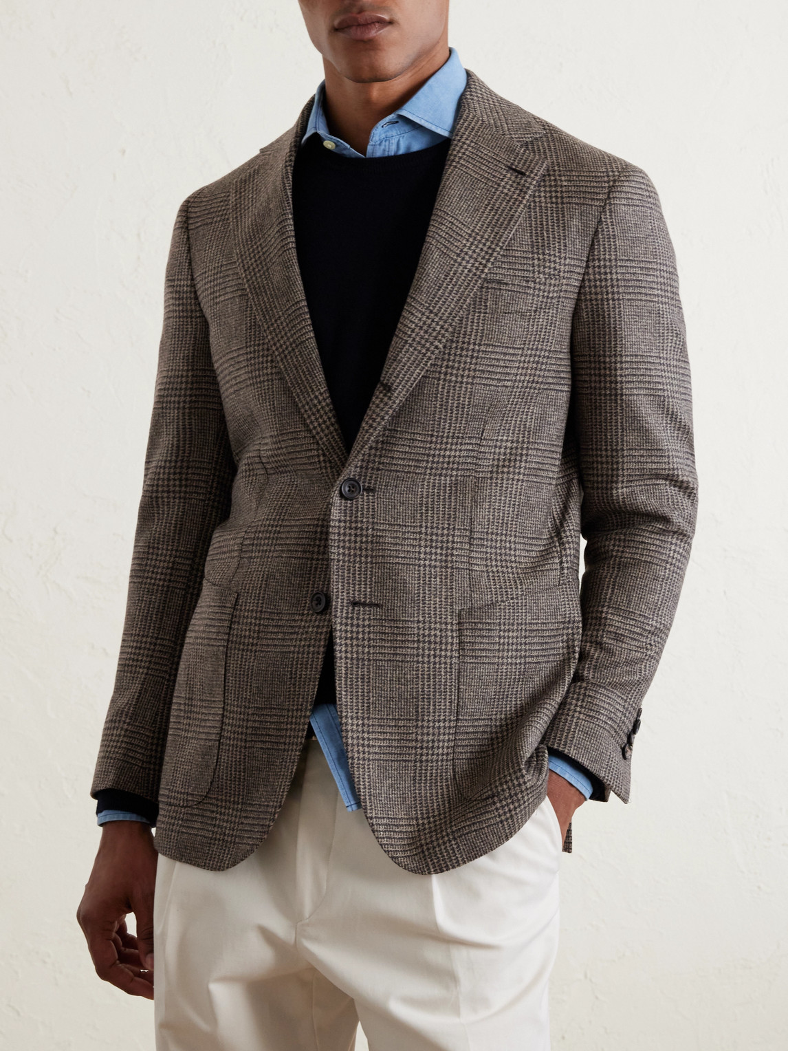 J. Mueser Prince Of Wales Checked Wool Blazer In Brown