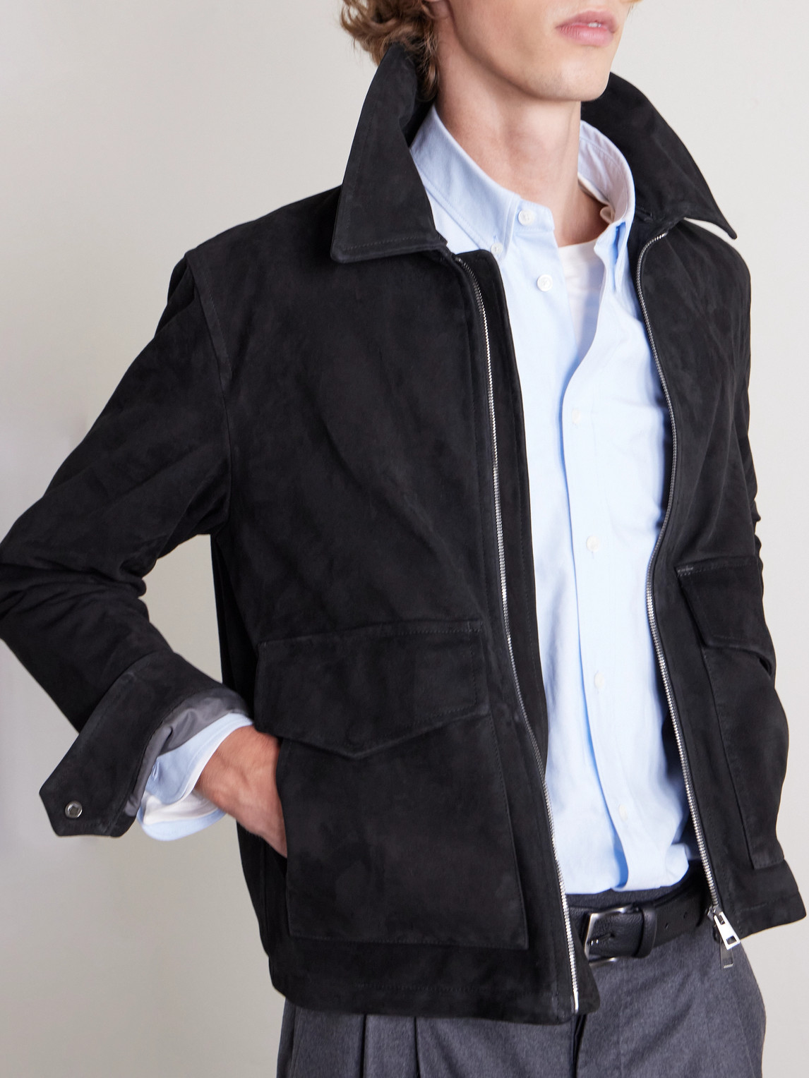 J. Mueser Shearling-trimmed Suede Bomber Jacket In Black