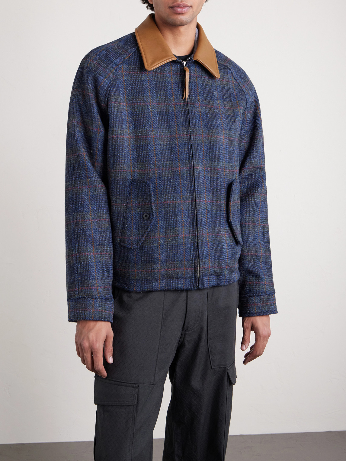  Golden Bear - Dunbar Harris Leather-trimmed Checked Wool Jacket - Men - Blue - Xs 