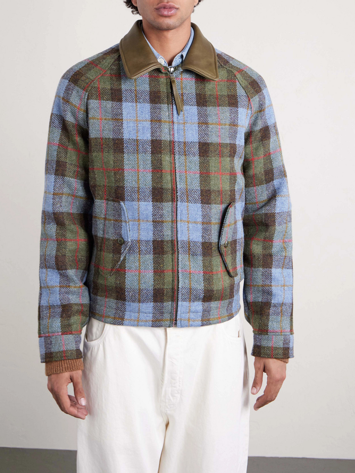  Golden Bear - Dunbar Leather-trimmed Checked Wool Jacket - Men - Green - Xs 