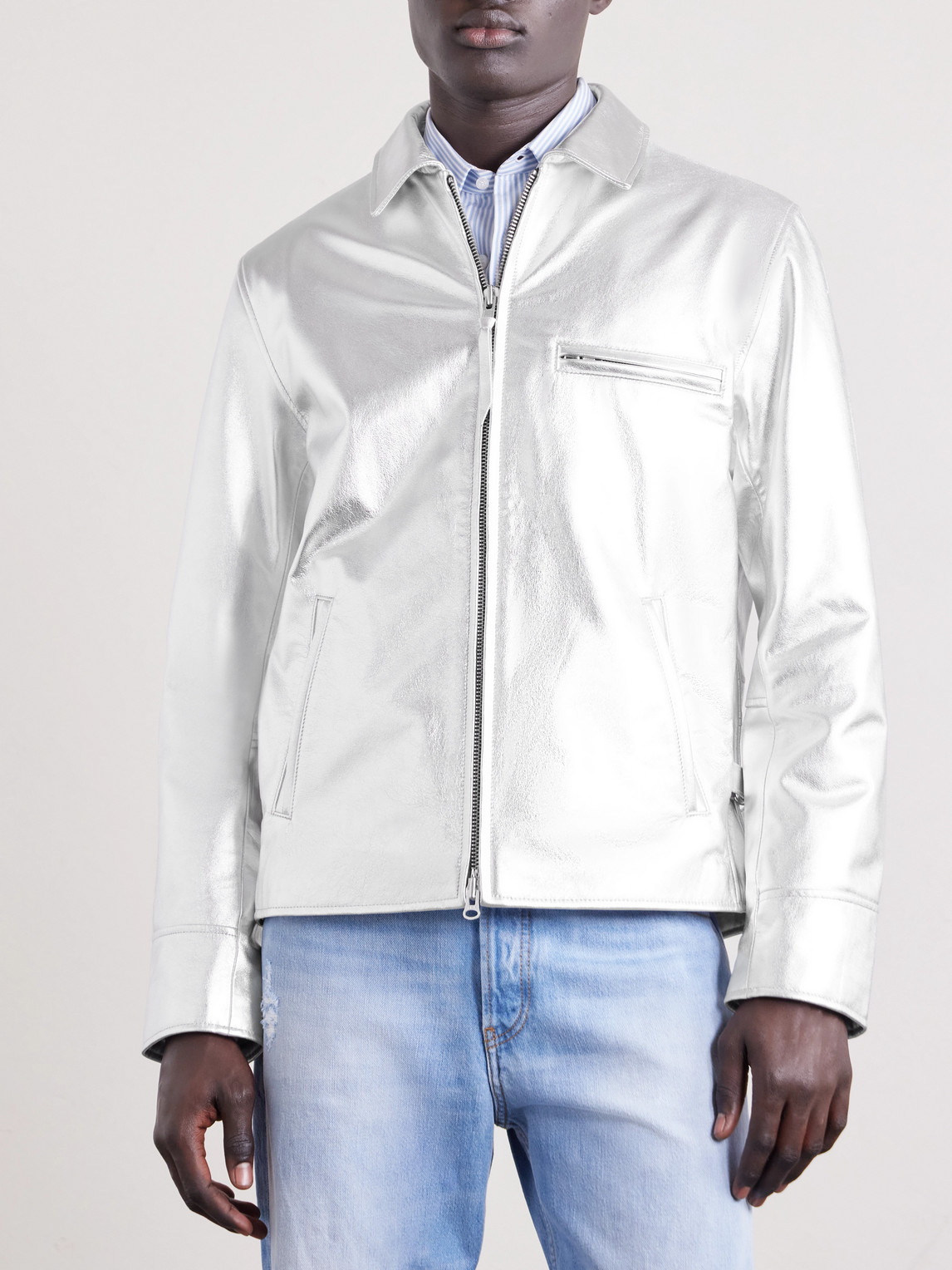  Golden Bear - The Waterfront Slim-fit Metallic Leather Jacket - Men - Silver - S 