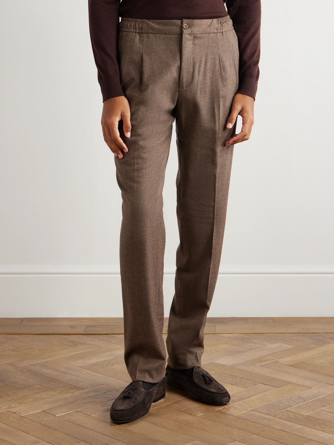 Rubinacci Leisure Straight-leg Pleated Wool-flannel Trousers In Brown