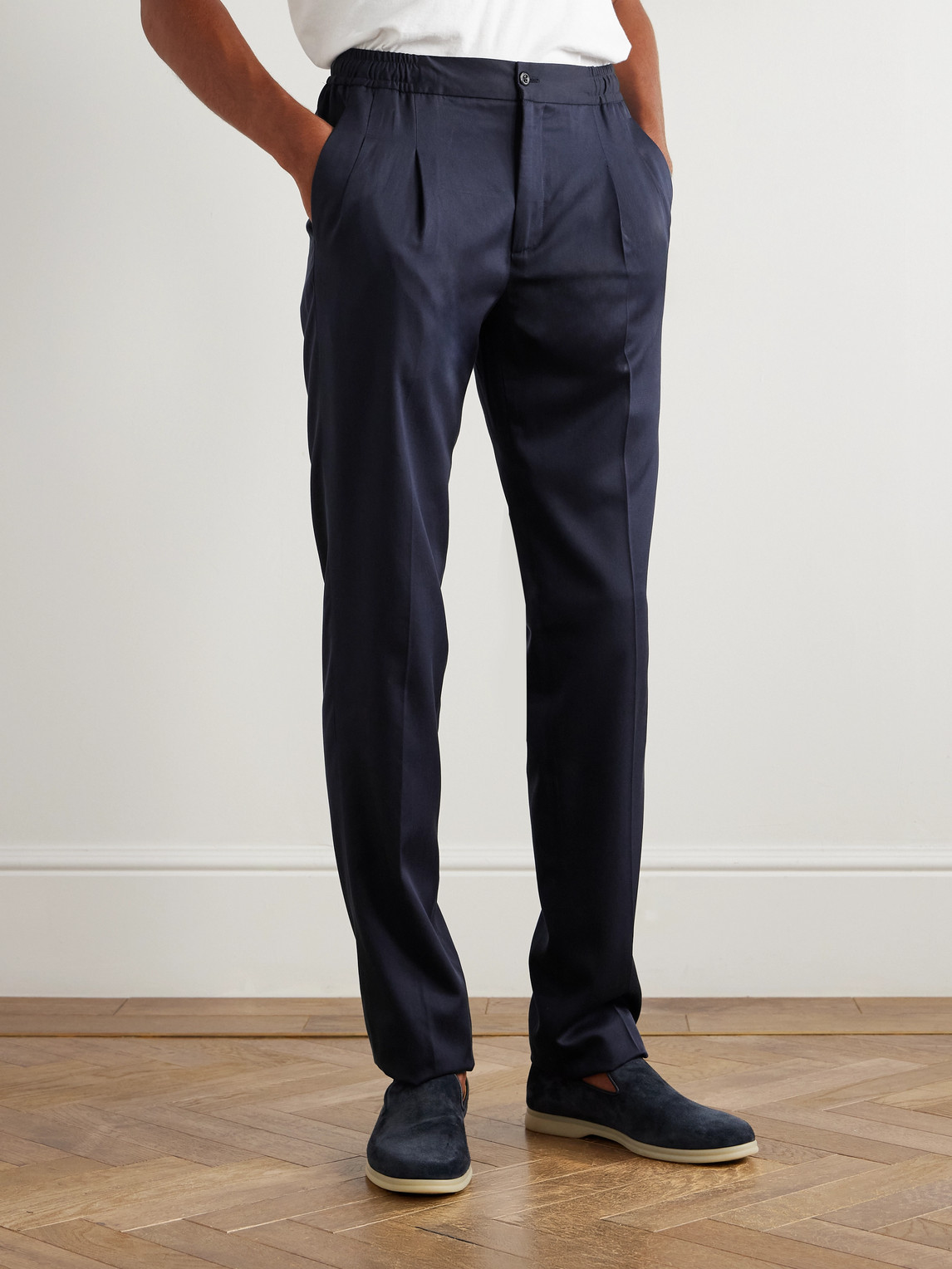 Rubinacci Leisure Straight-leg Pleated Silk-twill Trousers In Blue