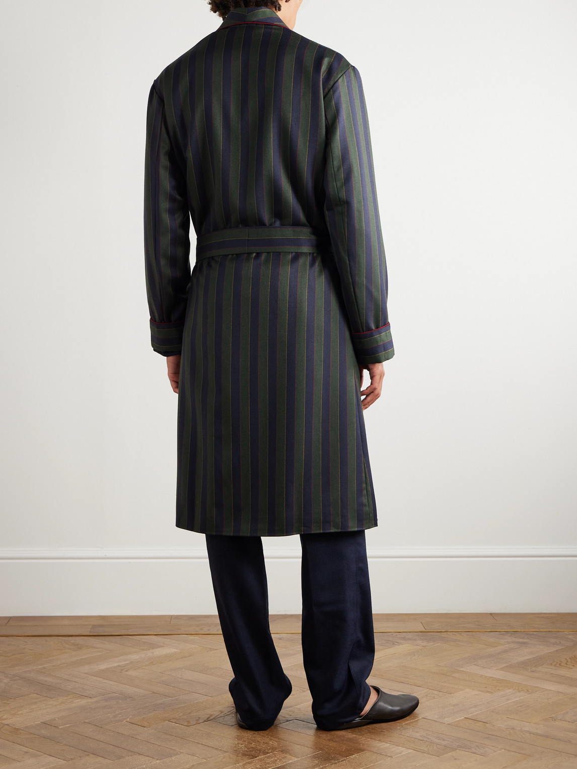 Rubinacci Belted Striped Wool And Cashmere-blend Robe In Green