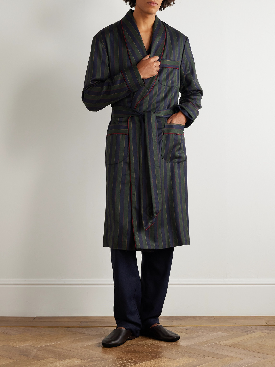Rubinacci Belted Striped Wool And Cashmere-blend Robe In Green