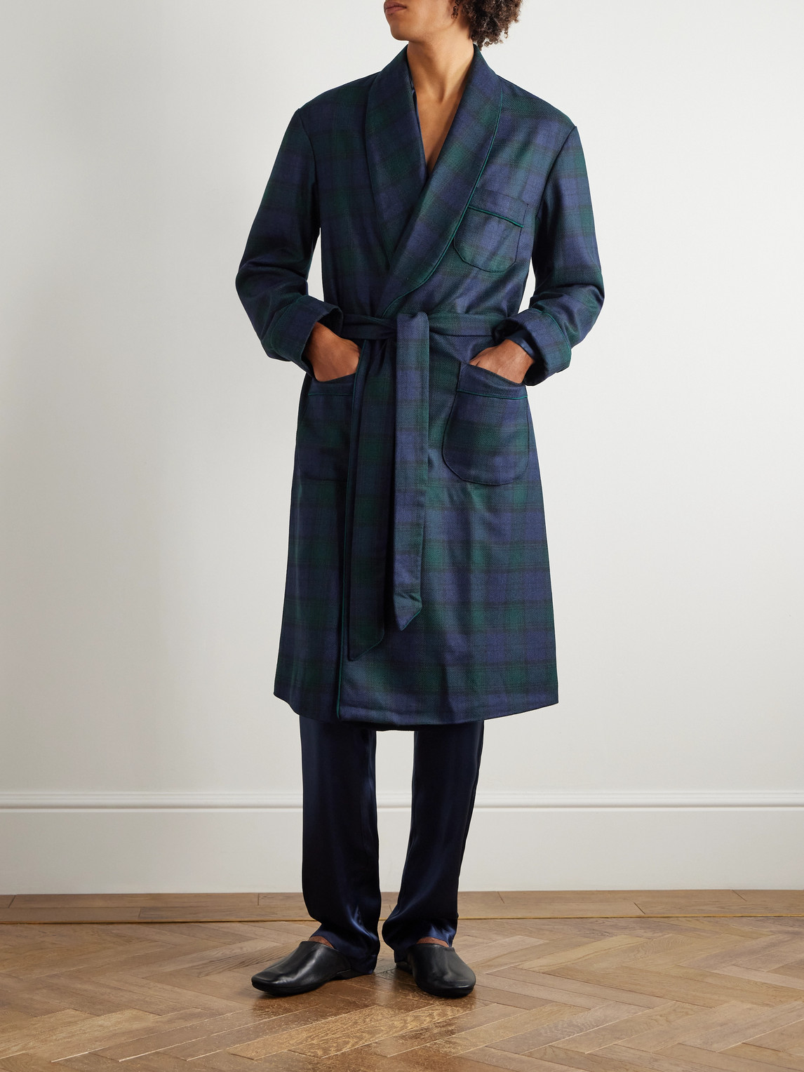 Rubinacci Belted Striped Wool-twill Robe In Blue