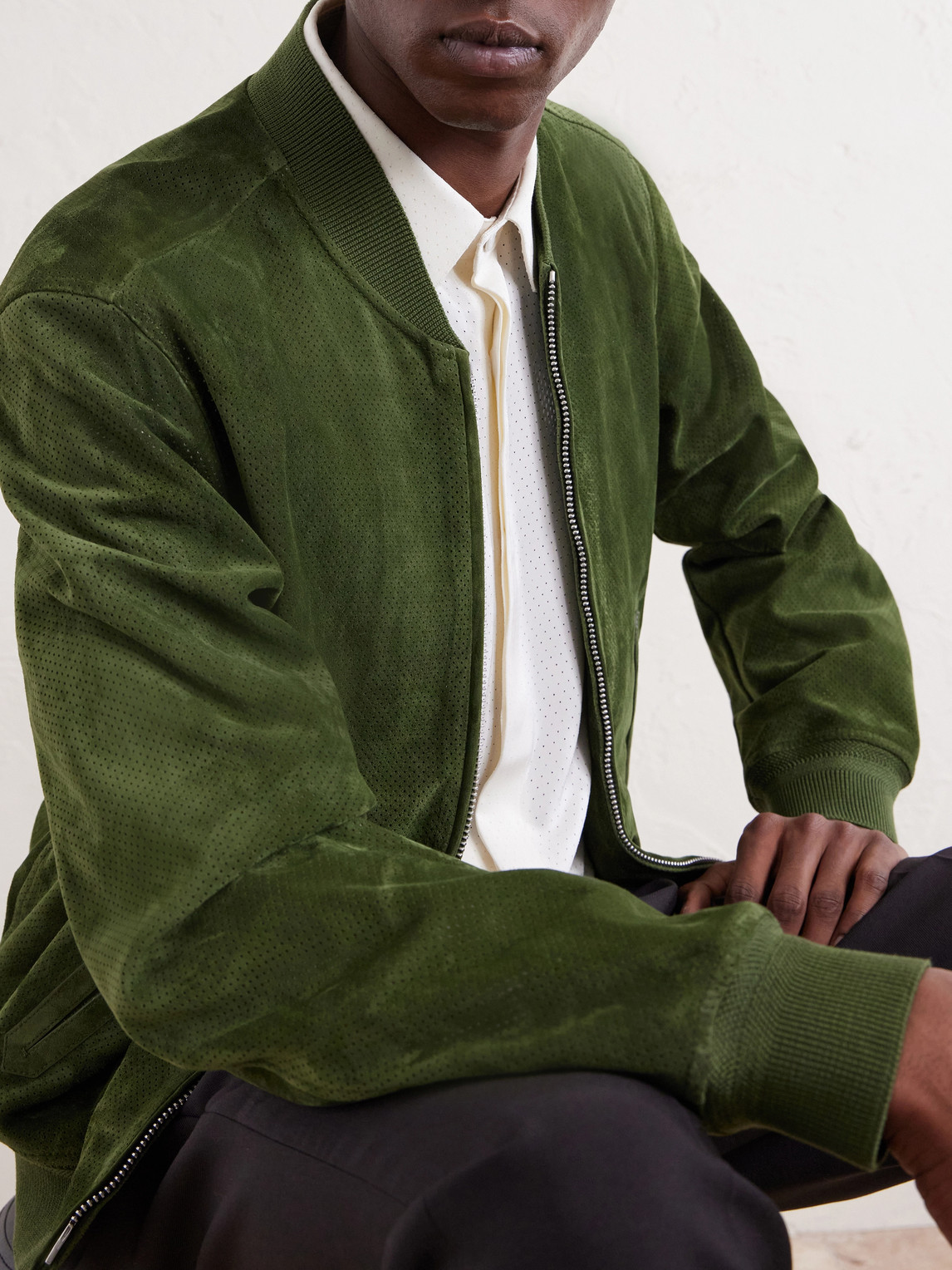 Perforated Suede Bomber Jacket