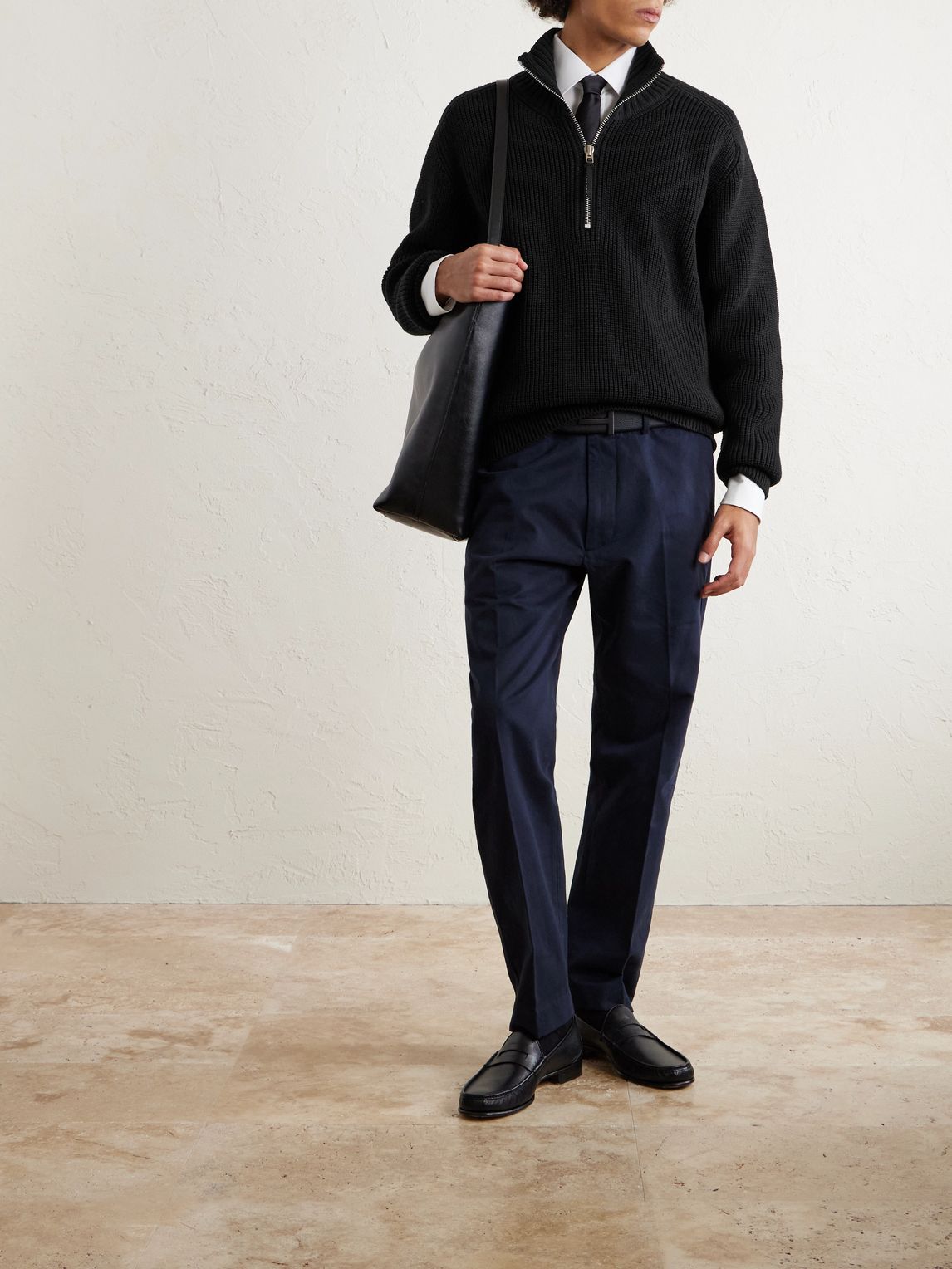 TOMFORD 리브드 메리노 울 하프 집 스웨터