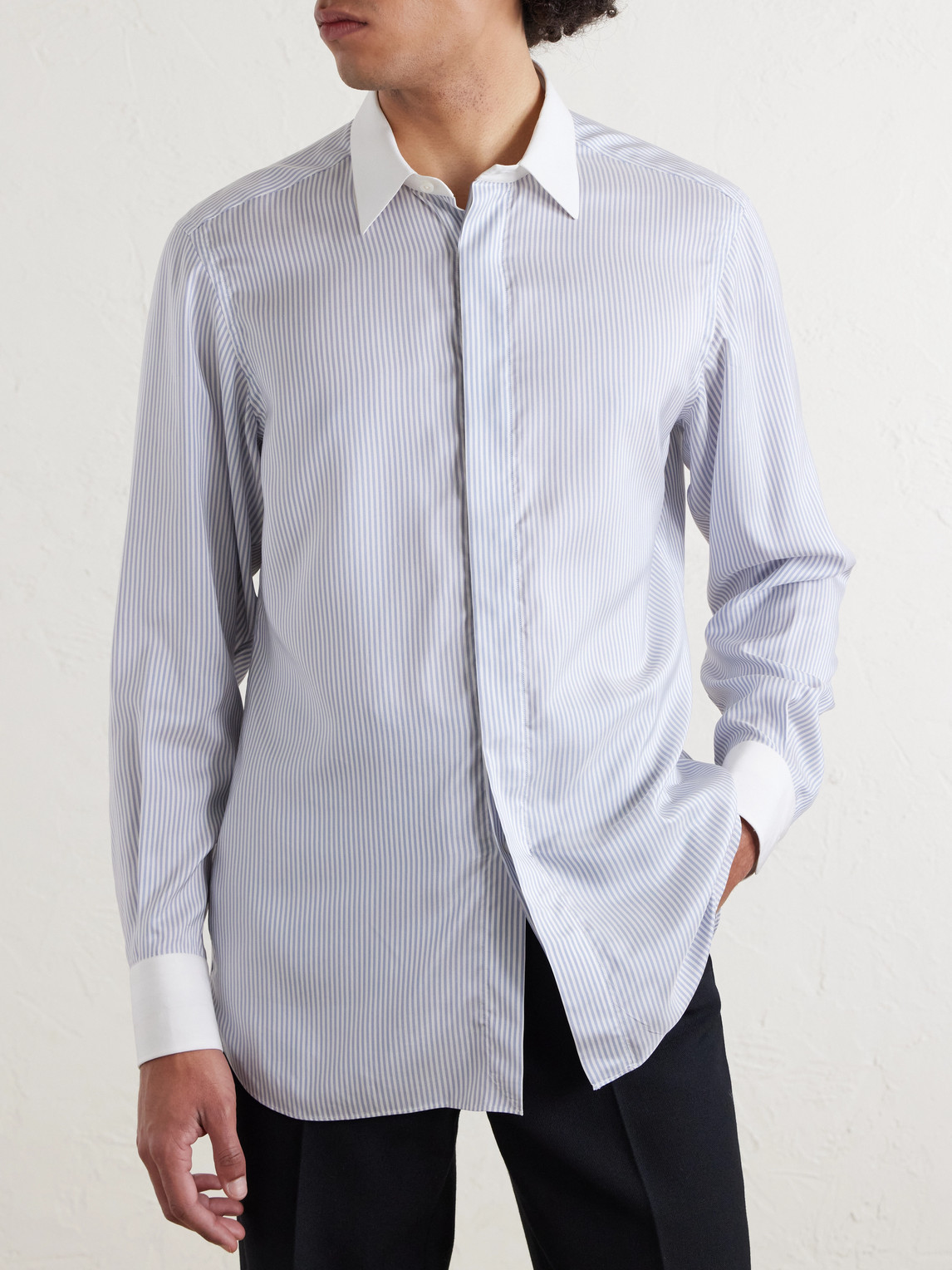 Classic-Collar Striped Silk Shirt