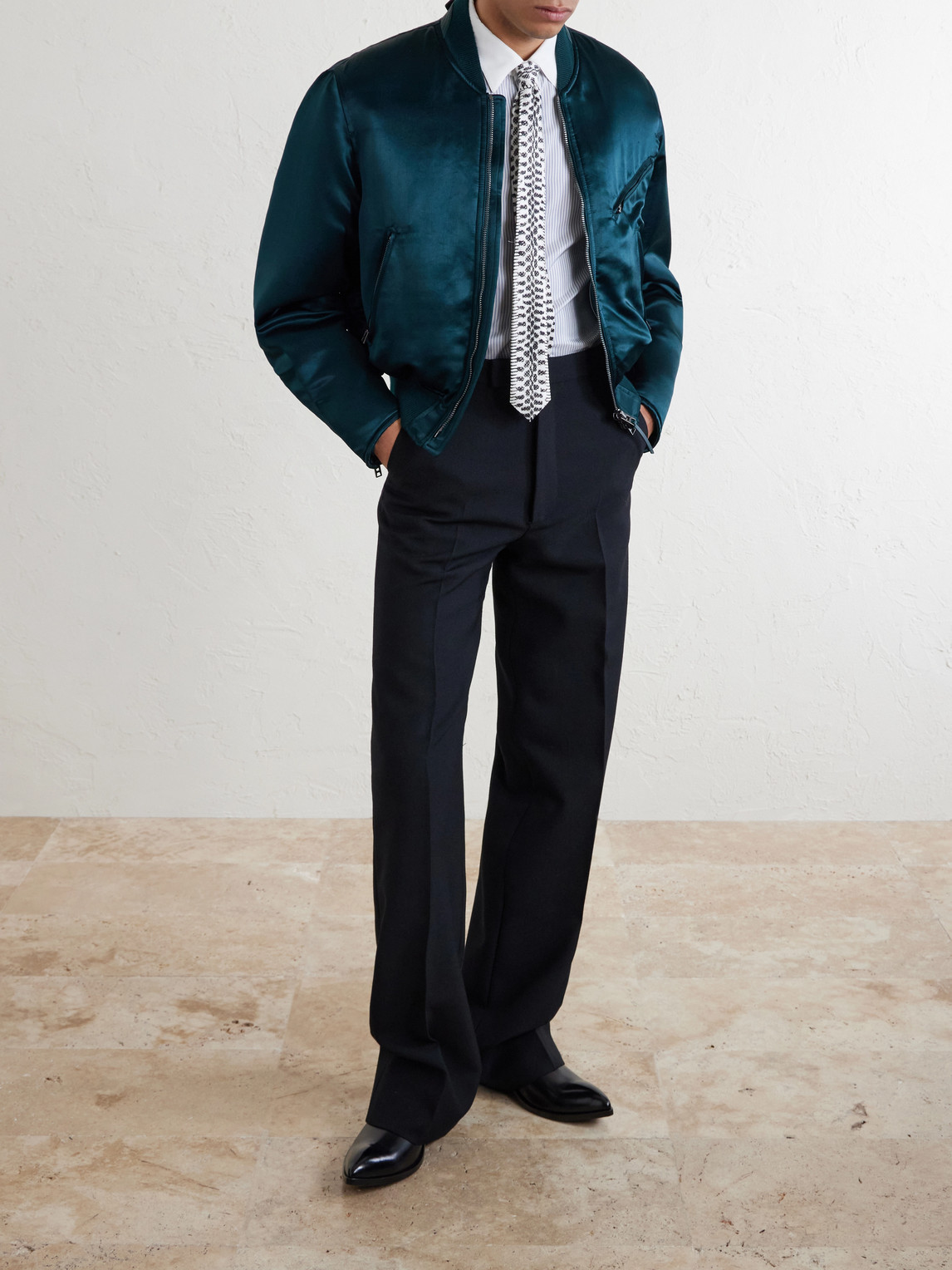 Classic-Collar Striped Silk Shirt