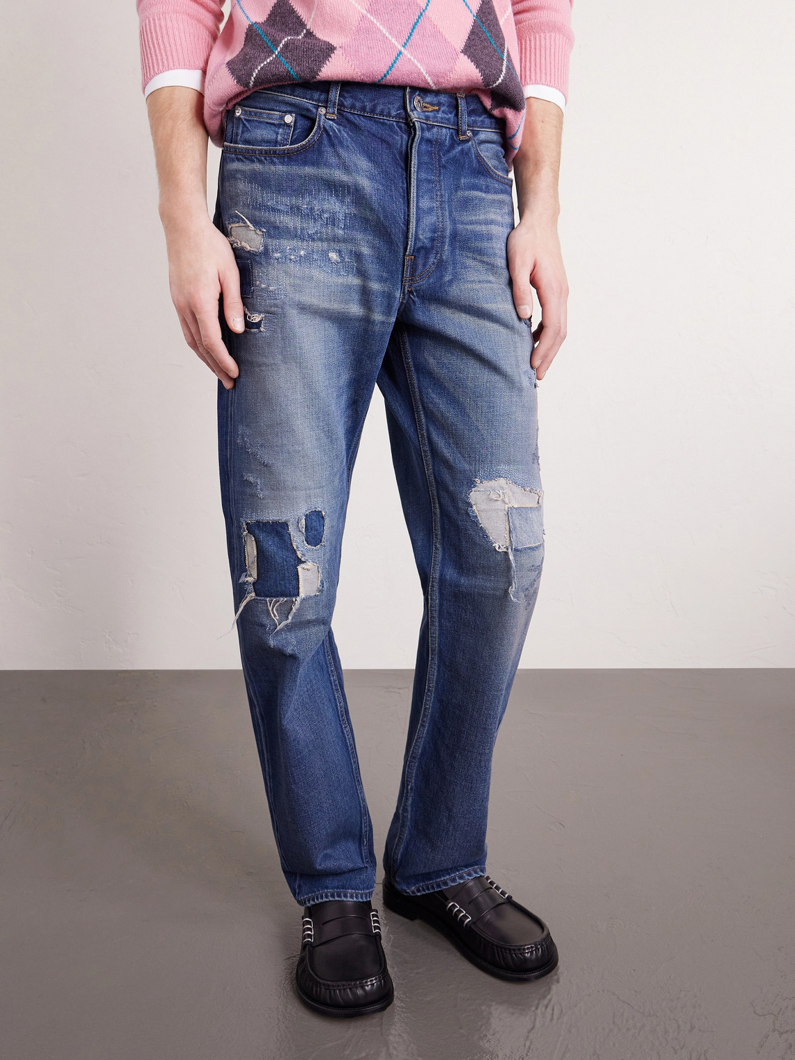 Straight-Leg Distressed Patchwork Jeans