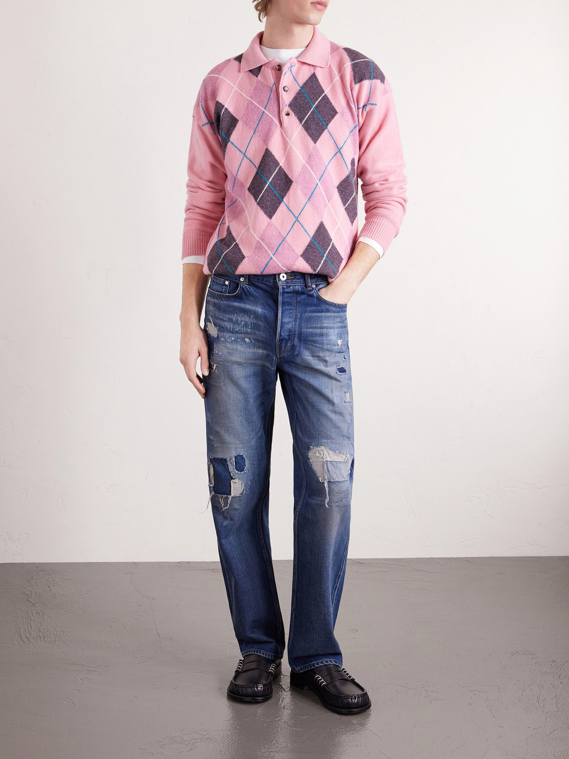 Straight-Leg Distressed Patchwork Jeans