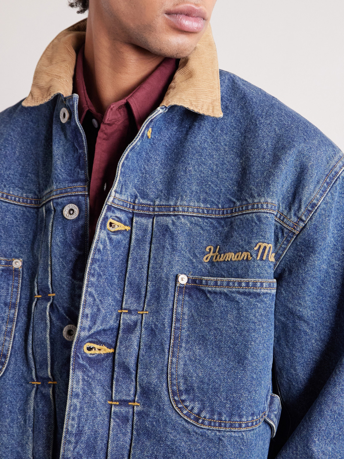 Corduroy-Trimmed Logo-Embroidered Denim Jacket
