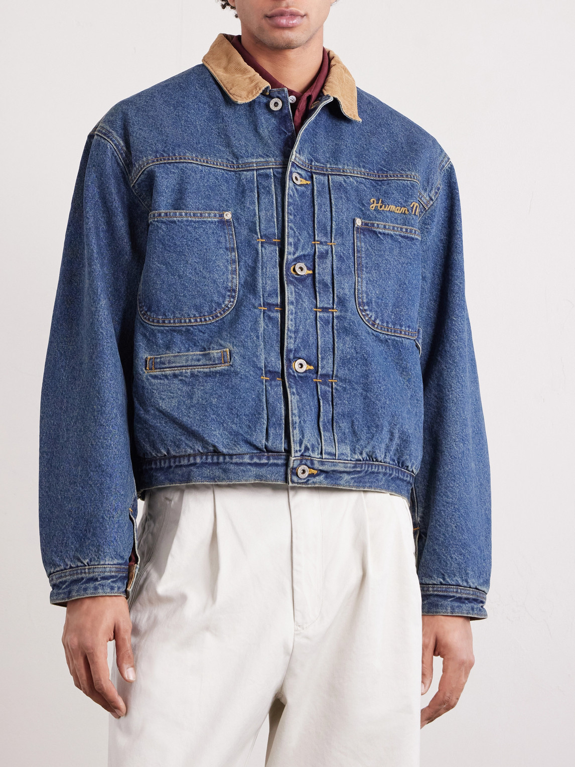 Corduroy-Trimmed Logo-Embroidered Denim Jacket
