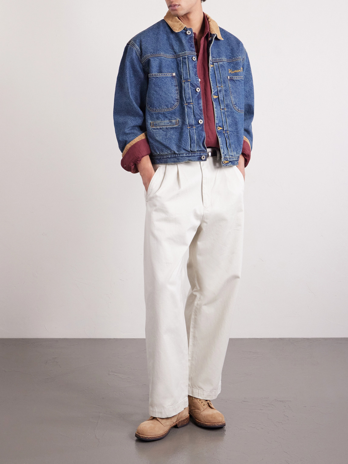 Corduroy-Trimmed Logo-Embroidered Denim Jacket