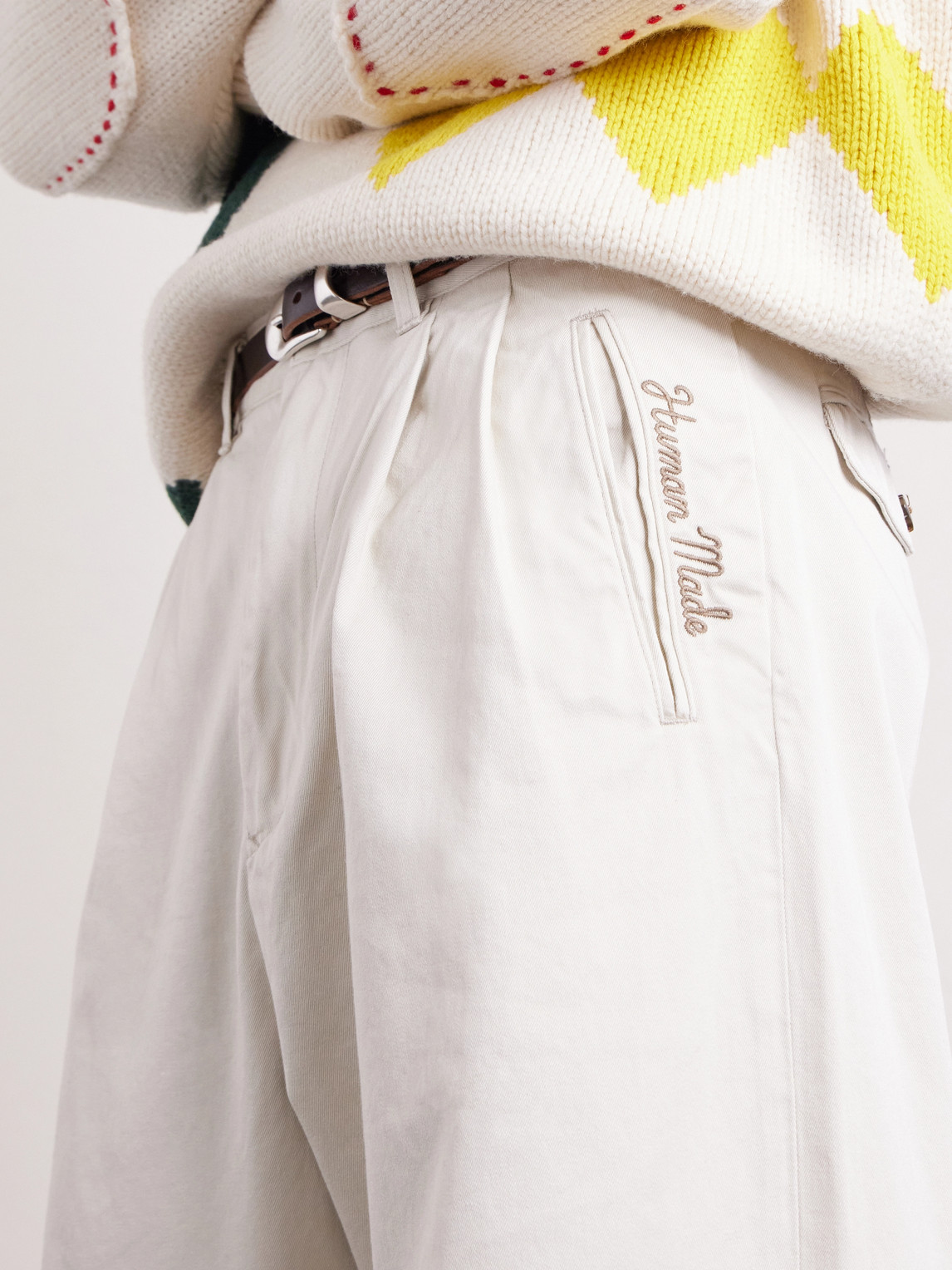 Wide-Leg Logo-Embroidered Pleated Cotton-Twill Chinos
