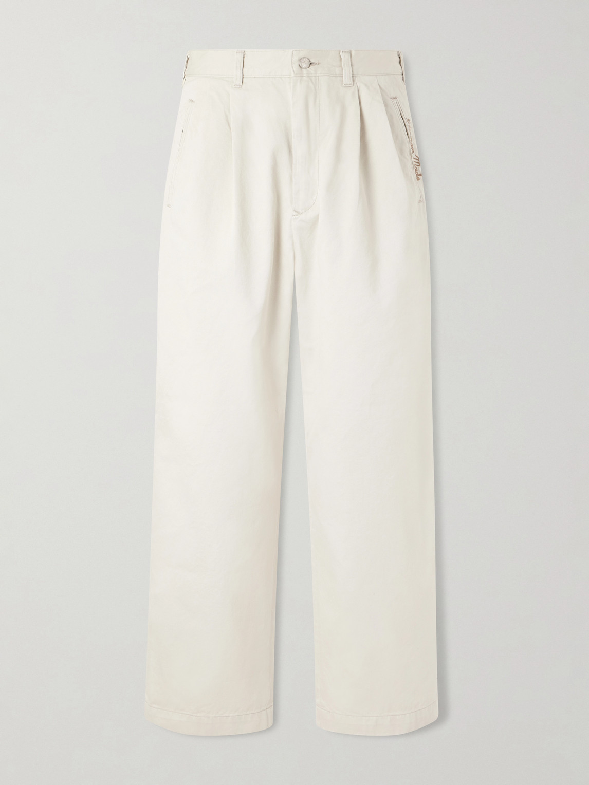 Human Made Wide-leg Logo-embroidered Pleated Cotton-twill Chinos In White