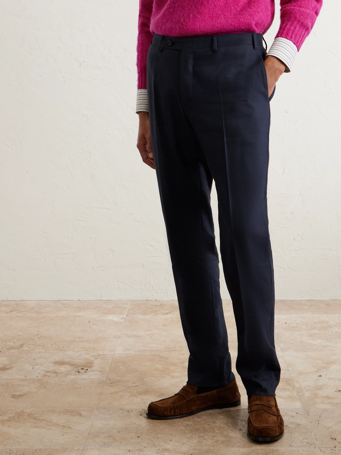 Canali Tapered Linen And Wool-blend Twill Suit Trousers In Blue