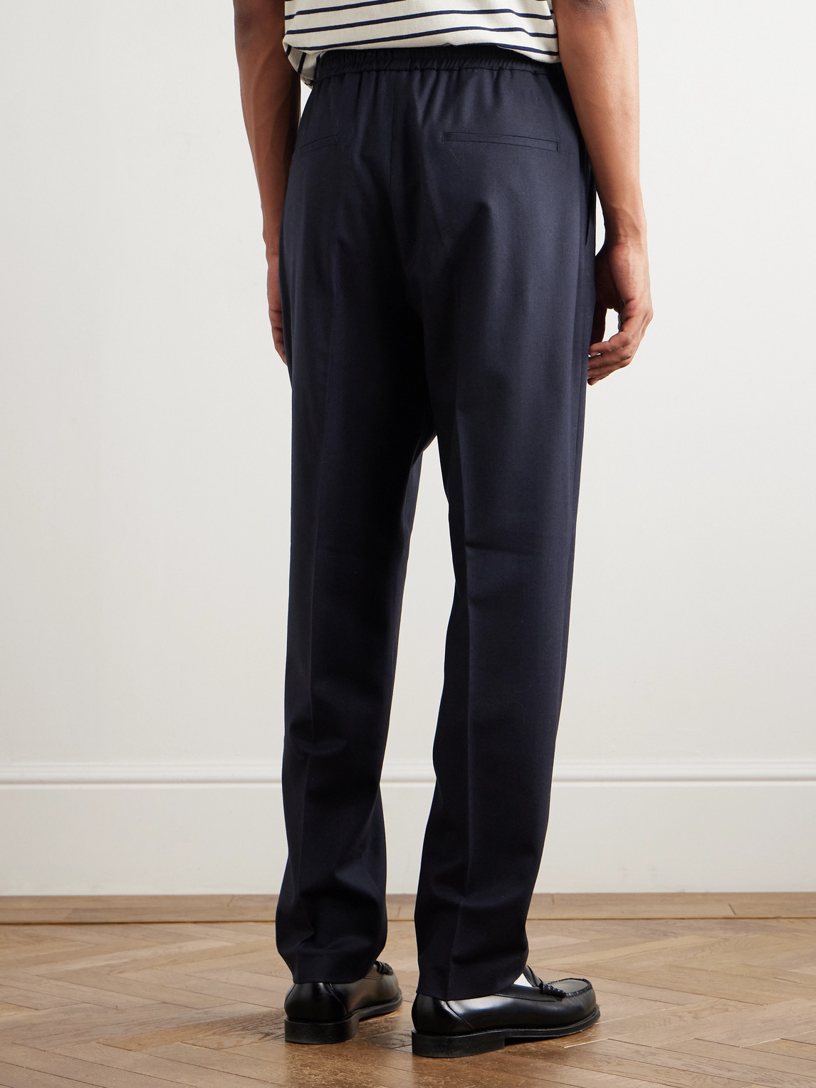 Altea Jared Straight-leg Pleated Wool-blend Flannel Drawstring Trousers In Blue