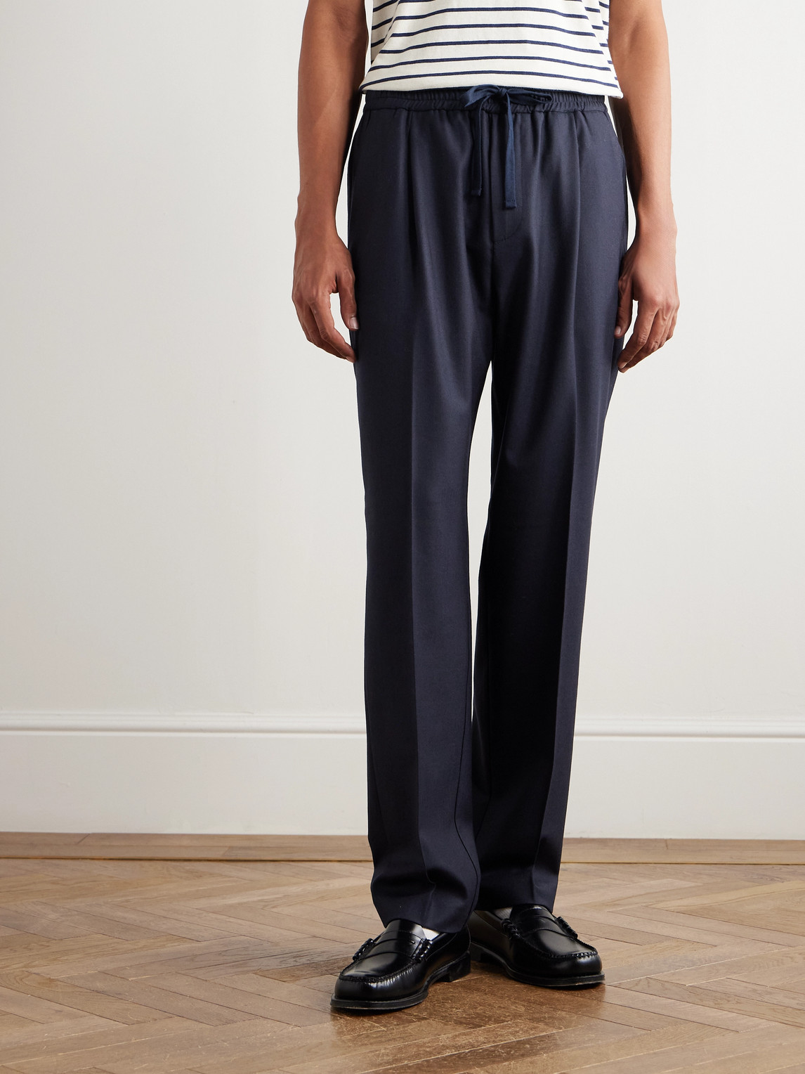 Altea Jared Straight-leg Pleated Wool-blend Flannel Drawstring Trousers In Blue
