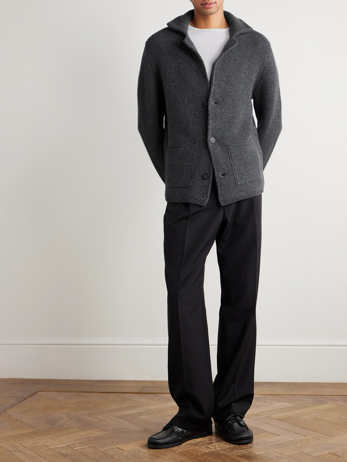 Altea Textured Knit Jacket With Classic Collar In Gray