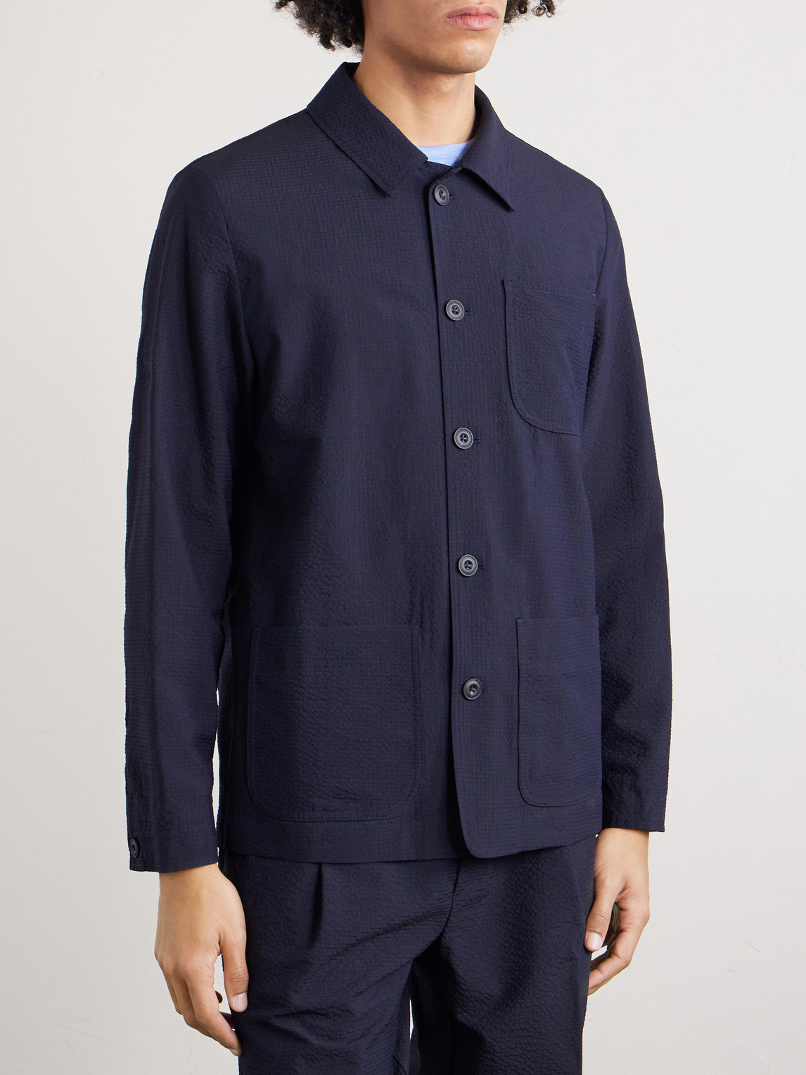  Altea - Virgin Wool-blend Seersucker Overshirt - Men - Blue - S 