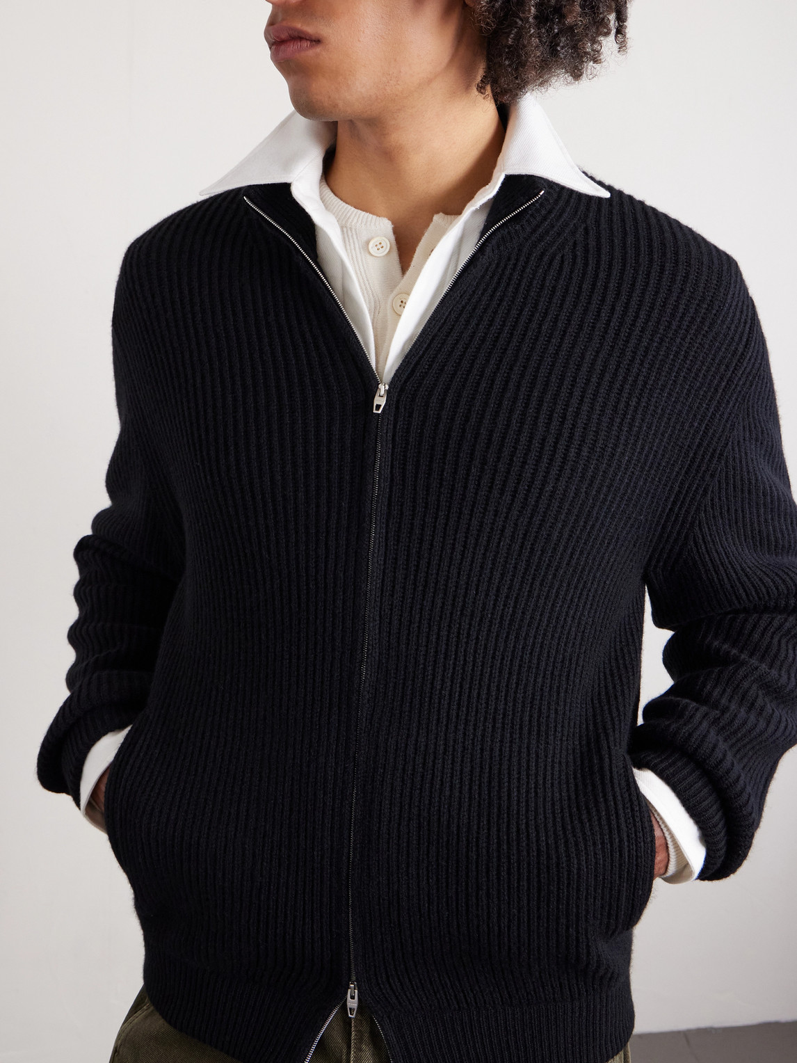 Umit Benan Matt Ribbed Cashmere Zip-up Cardigan In Black