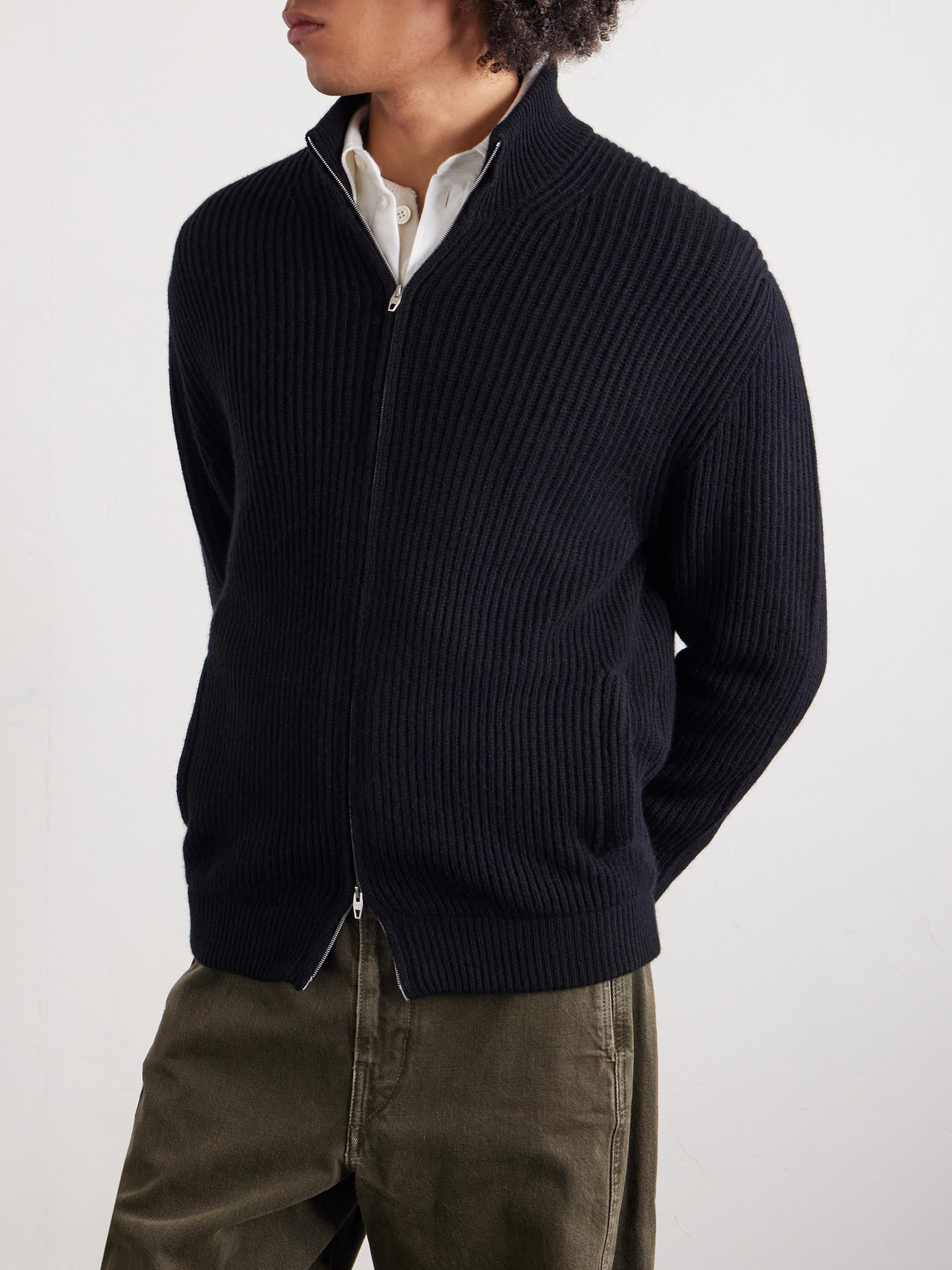 Umit Benan Matt Ribbed Cashmere Zip-up Cardigan In Black