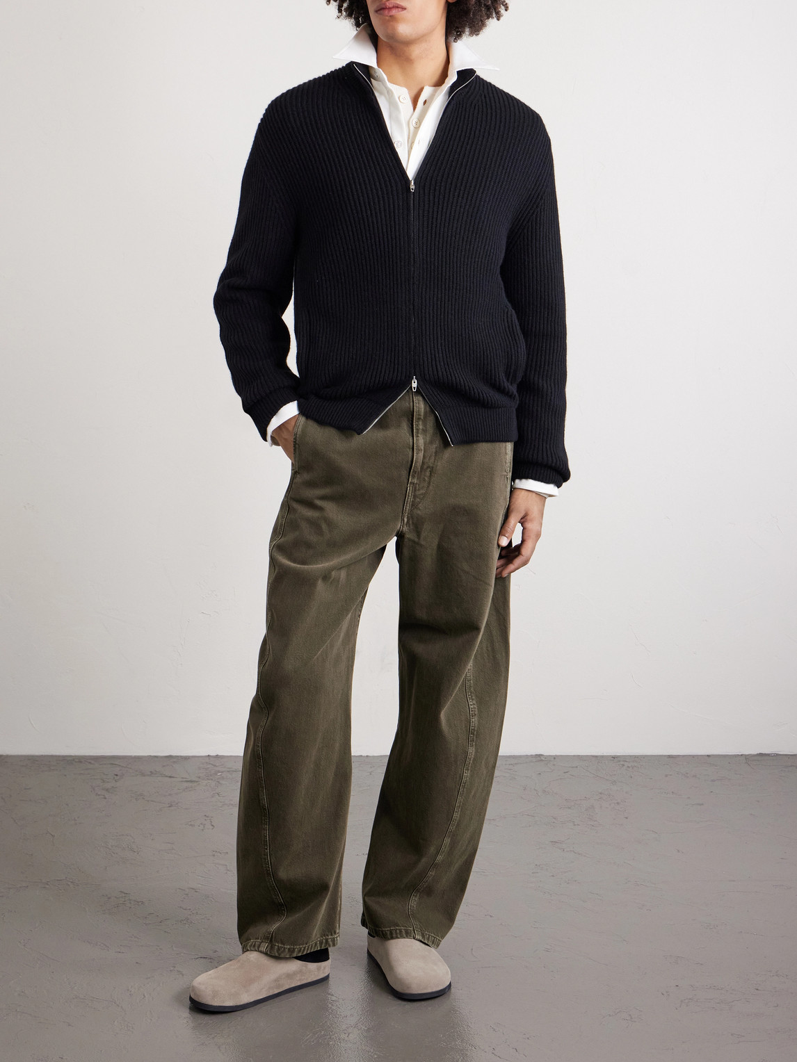 Umit Benan Matt Ribbed Cashmere Zip-up Cardigan In Black