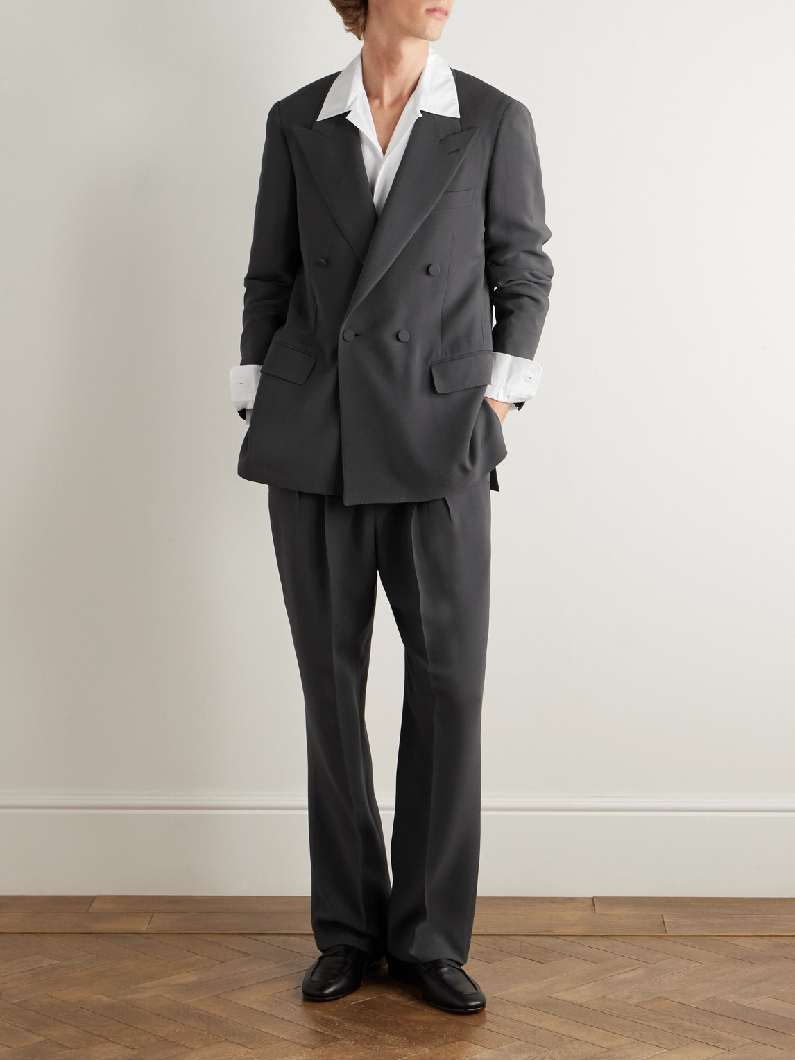 Umit Benan Richard Double-breasted Silk And Wool-blend Blazer In Gray