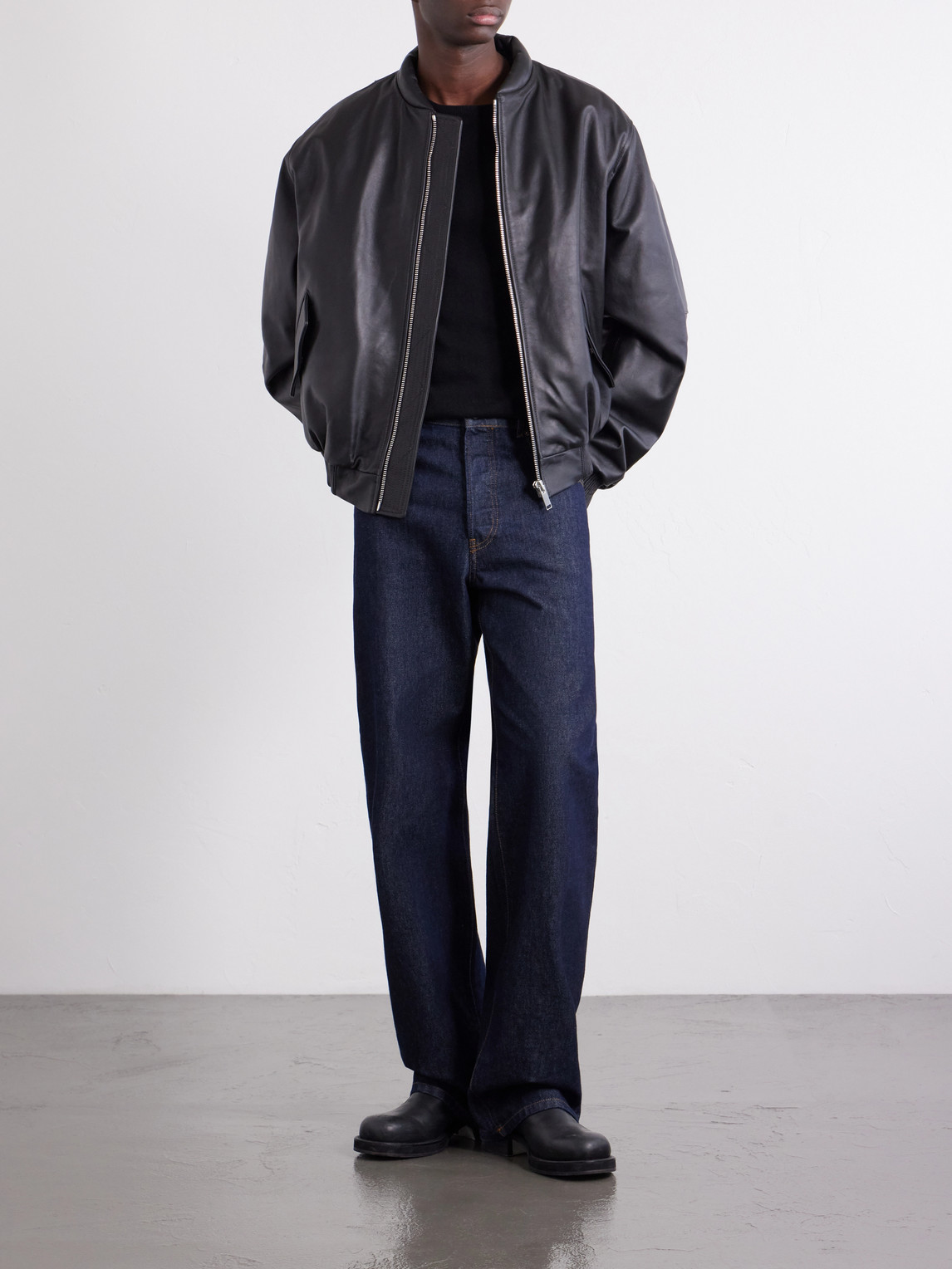 424 Leather Bomber Jacket In Black