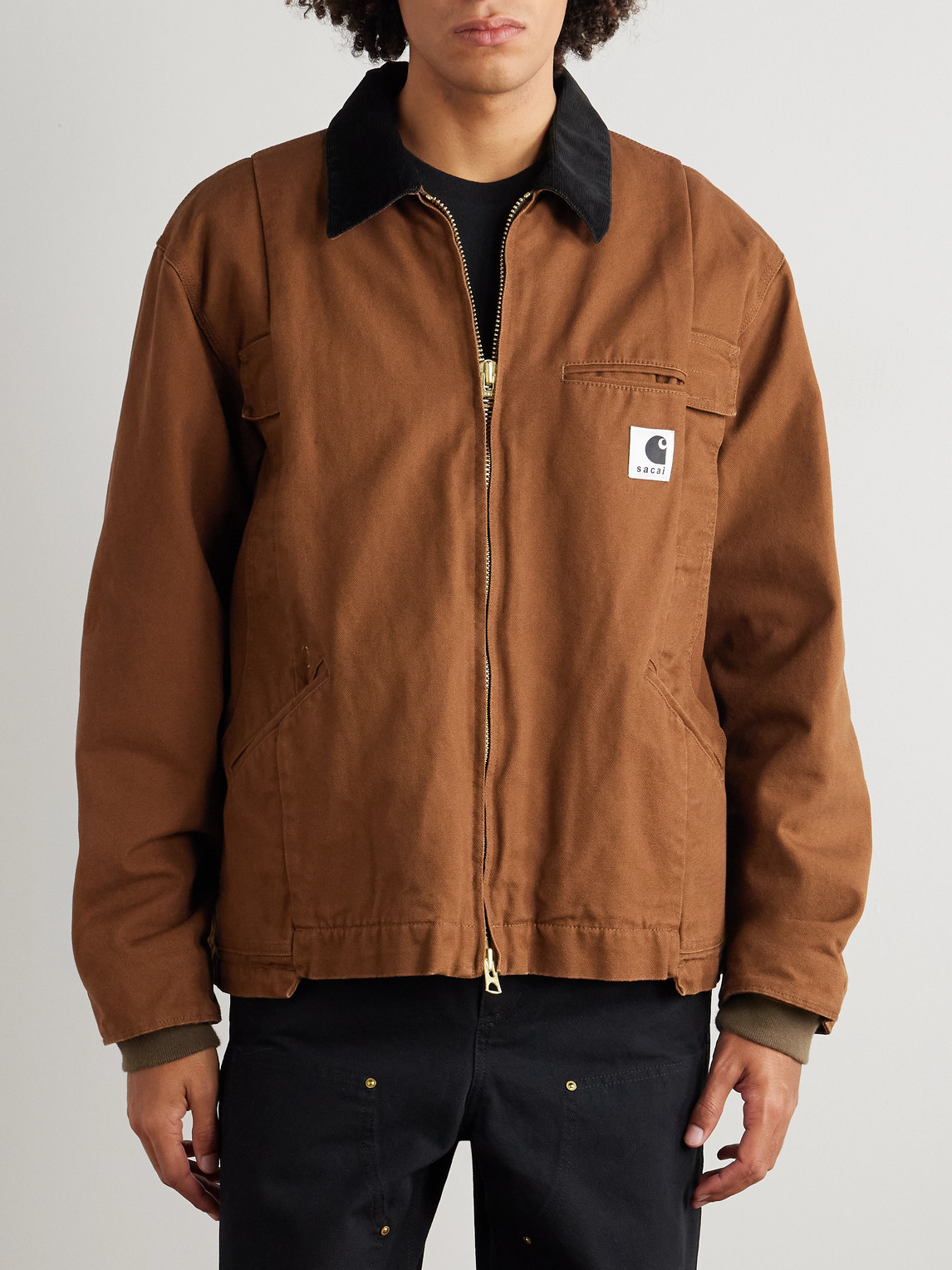 Sacai Carhartt Wip Cotton Corduroy-trimmed Panelled Cotton-canvas Jacket In Brown