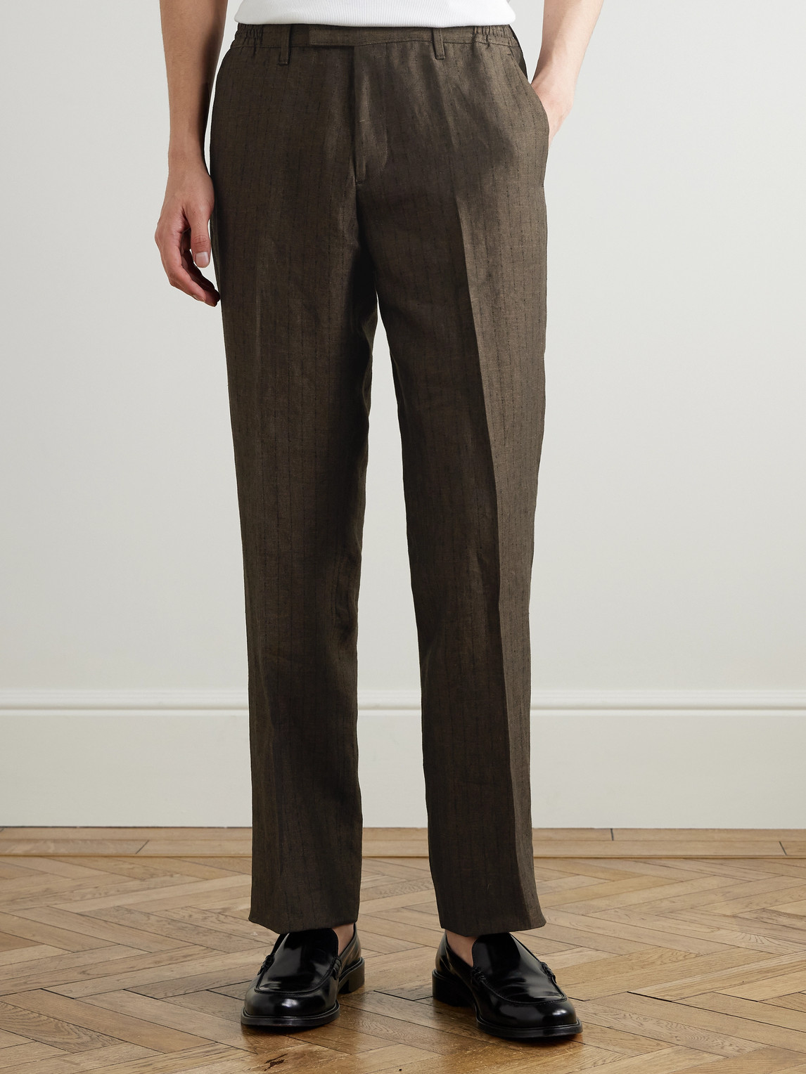  Mr P. - Straight-leg Striped Linen Suit Trousers - Men - Brown - 28 