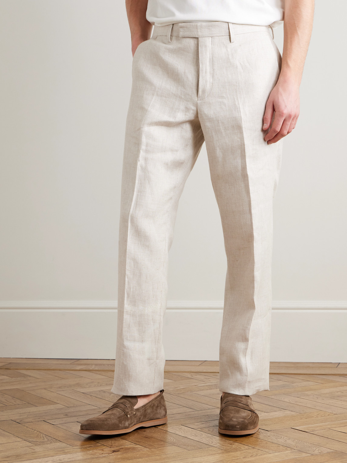  Mr P. - Straight-leg Houndstooth Linen Trousers - Men - Neutrals - 28 