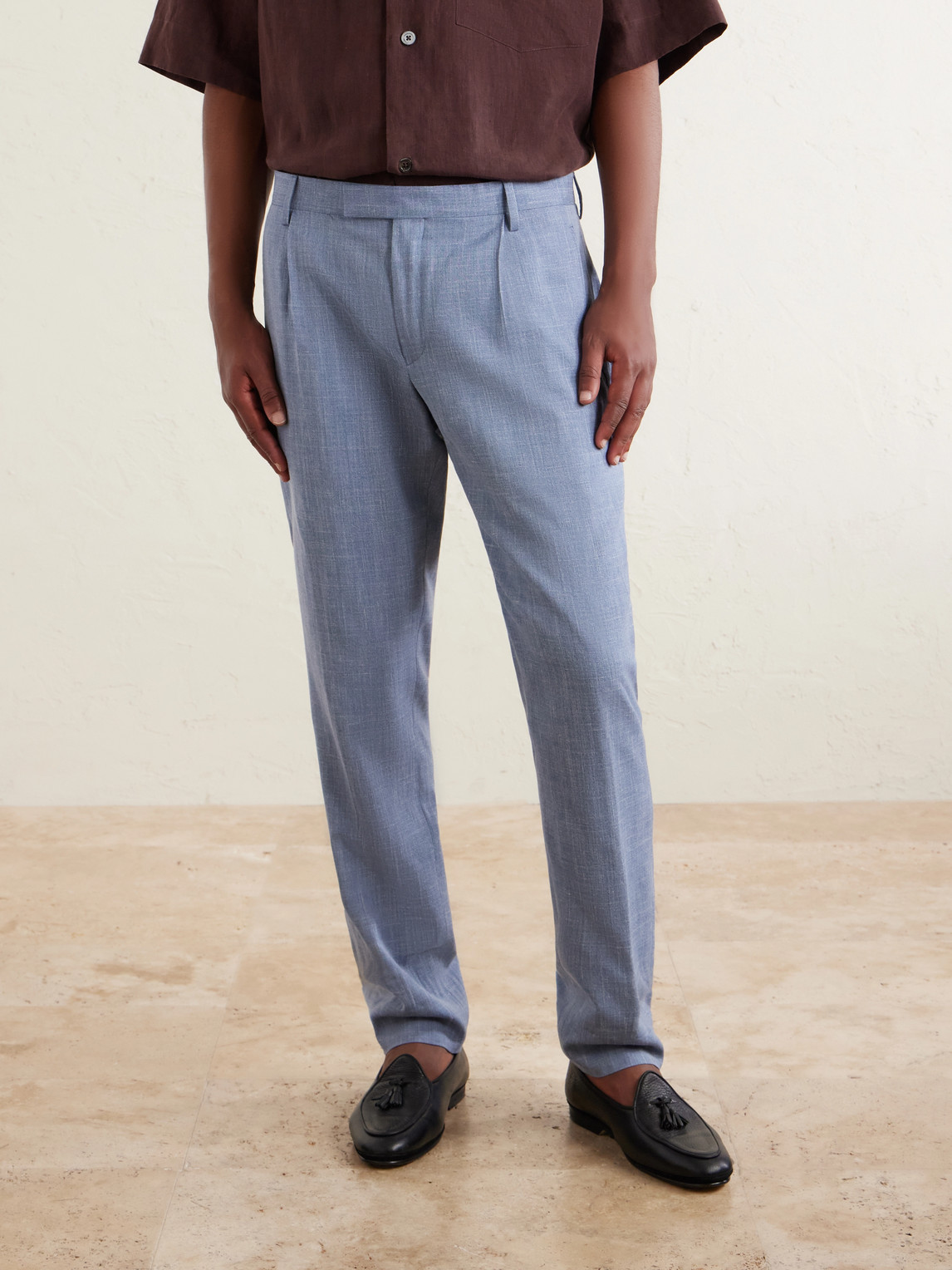 Mr P. - Straight-Leg Pleated Wool, Silk And Linen-Blend Suit Trousers