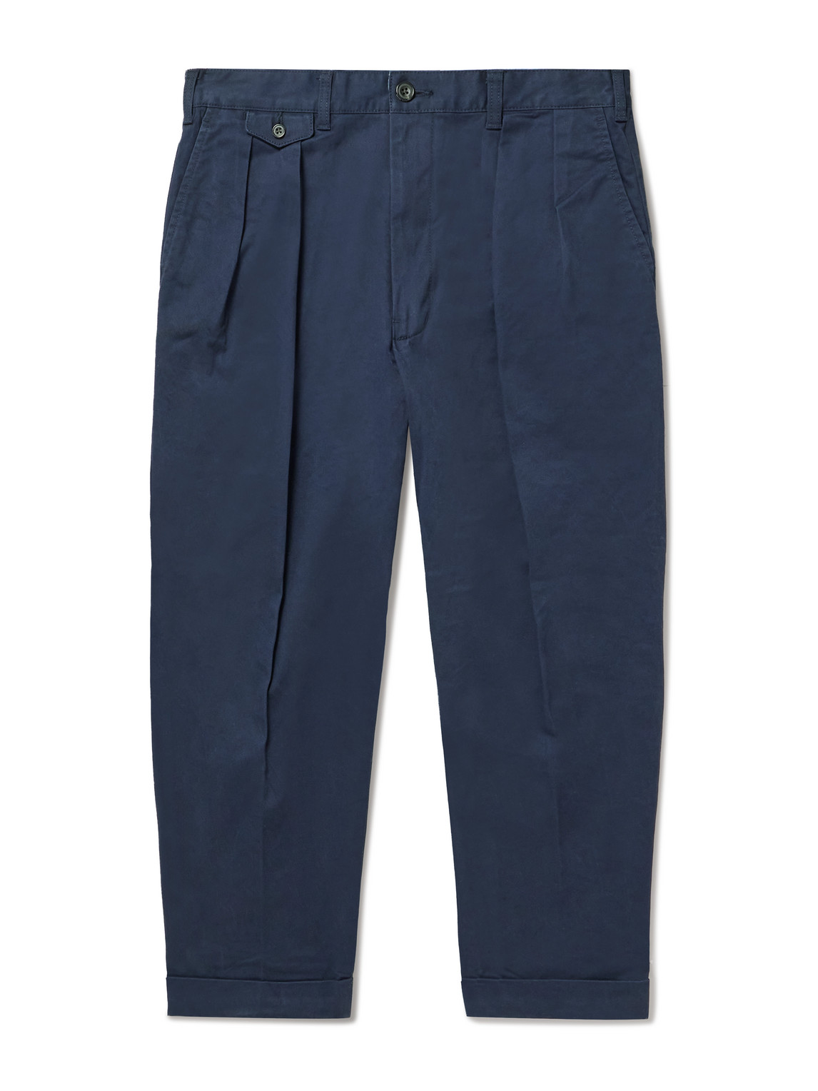 Beams 2 Pleats Tapered Cropped Pleated Cotton-blend Twill Trousers In Blue