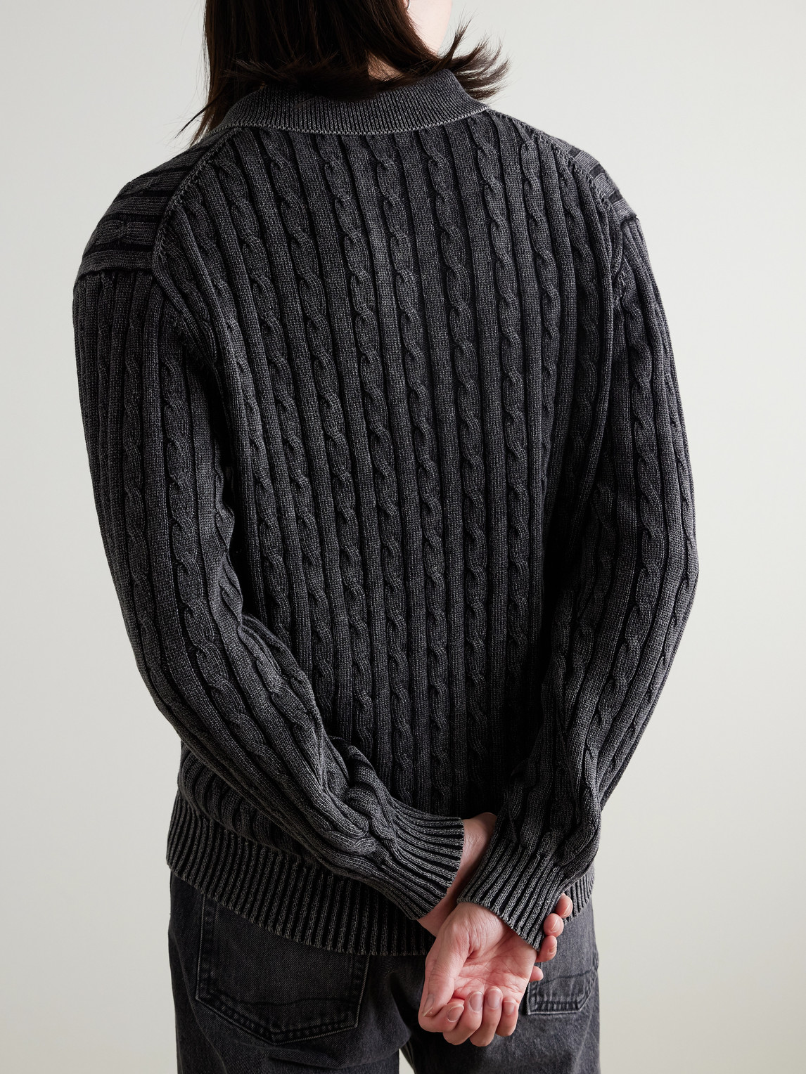  Beams Plus - Cable-knit Cotton Polo Shirt - Men - Black - S 