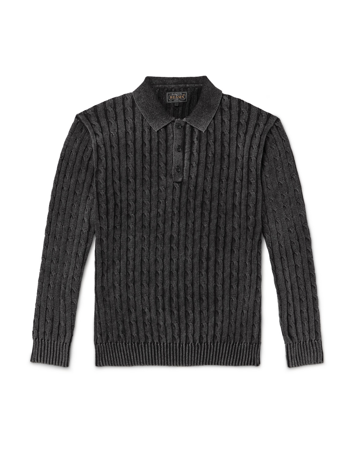 Beams Cable-knit Cotton Polo Shirt In Black