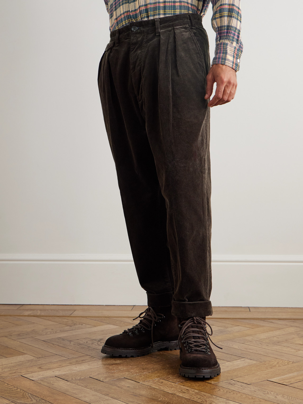 Beams Cropped Pleated Cotton-corduroy Trousers In Brown