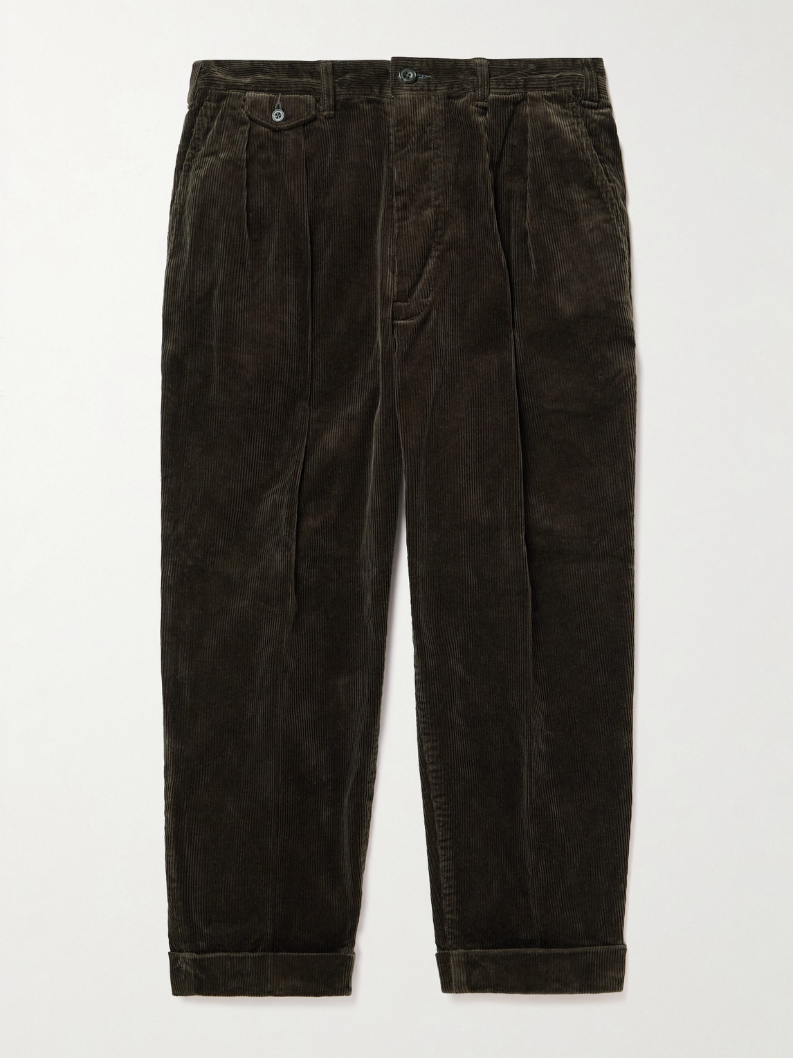 Beams Cropped Pleated Cotton-corduroy Trousers In Brown