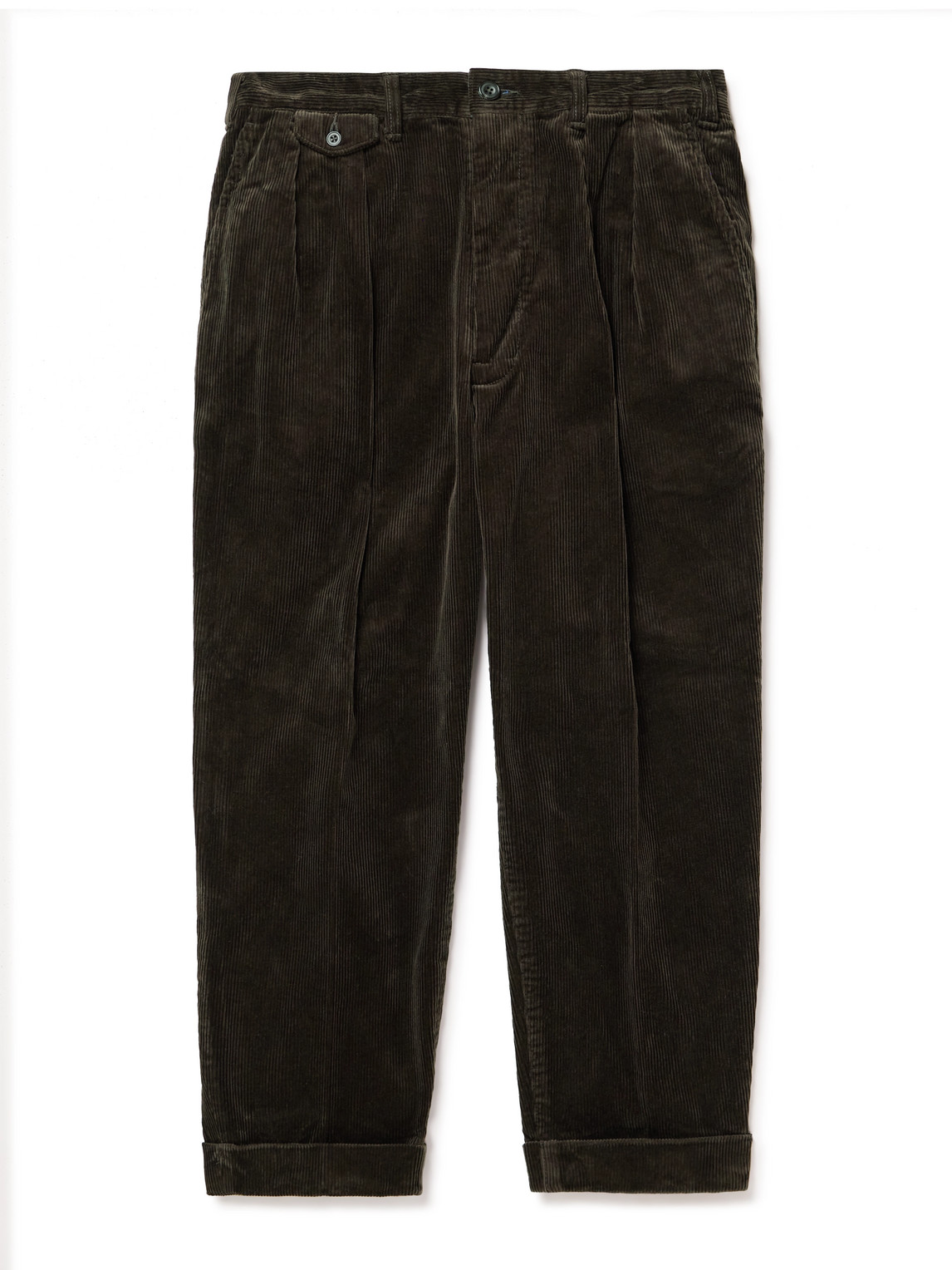 Beams Cropped Pleated Cotton-corduroy Trousers In Brown
