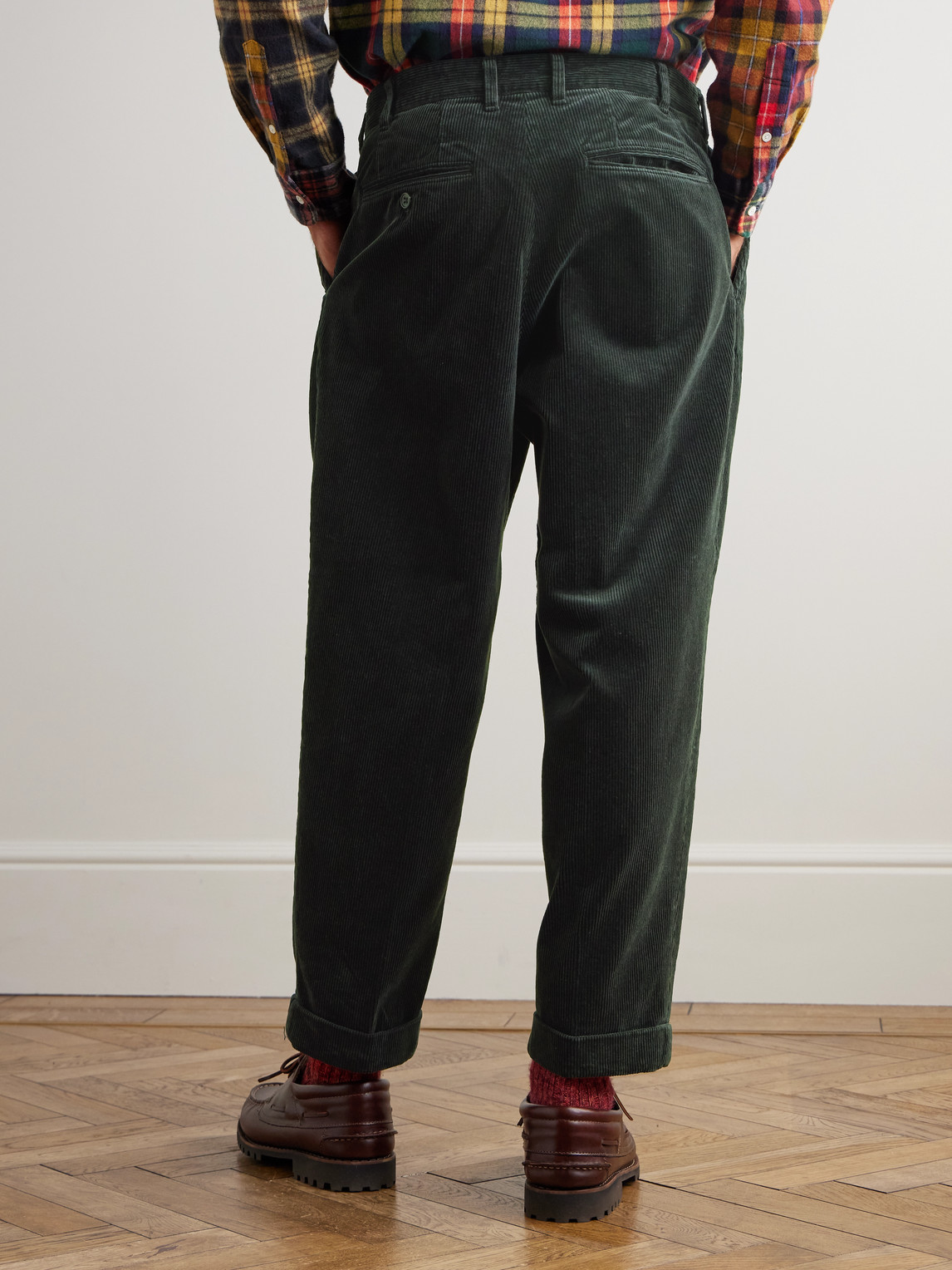 Beams Cropped Pleated Cotton-corduroy Trousers In Black