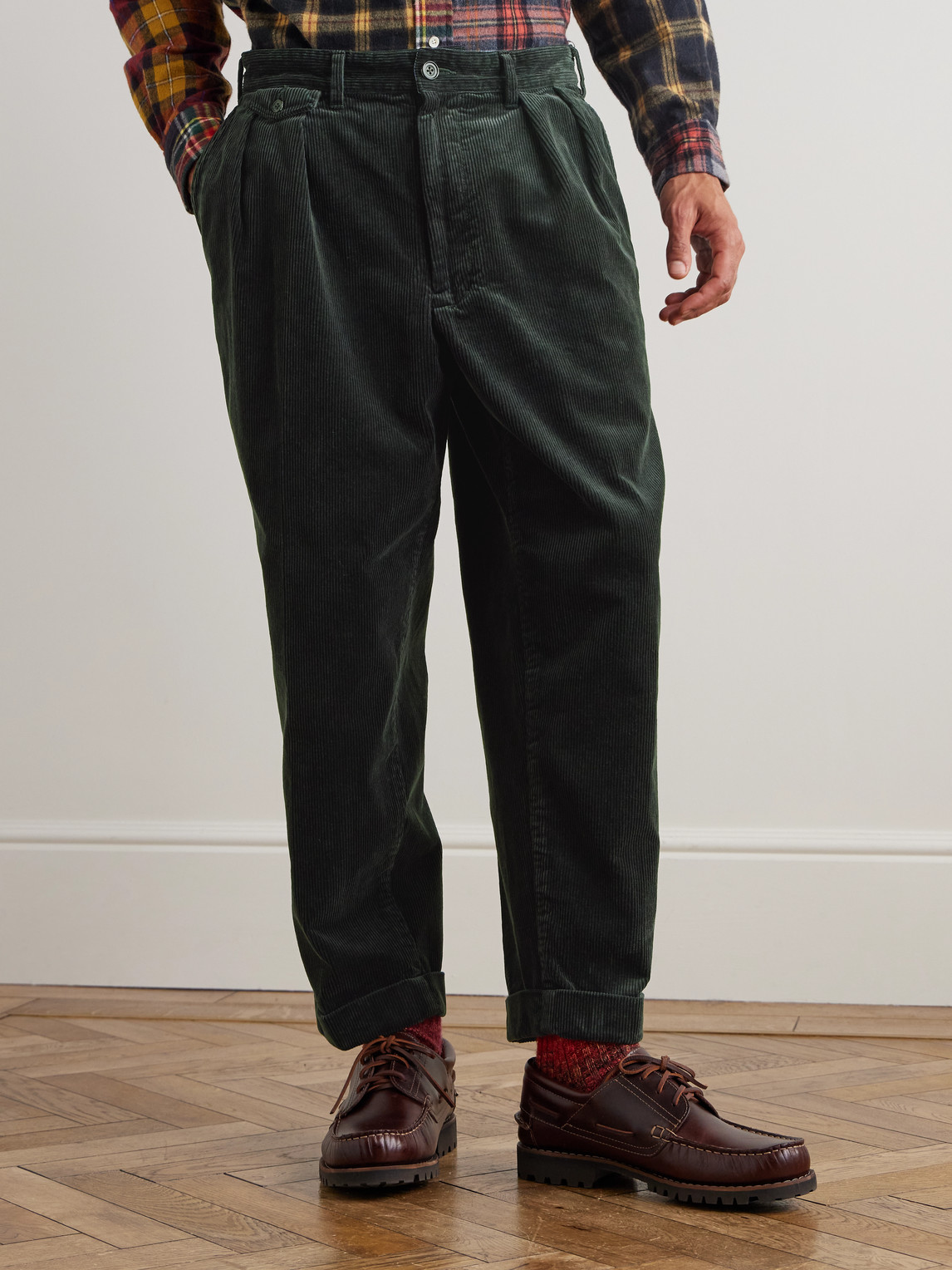 Beams Cropped Pleated Cotton-corduroy Trousers In Black