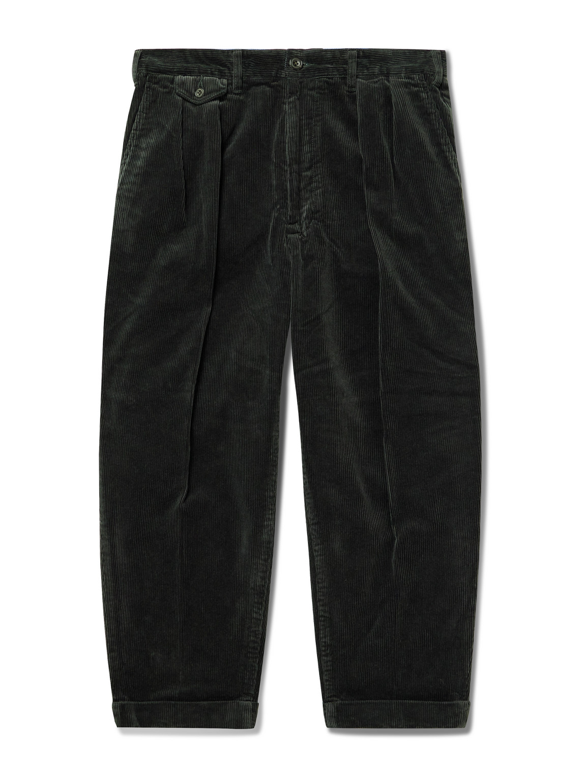 Beams Cropped Pleated Cotton-corduroy Trousers In Black